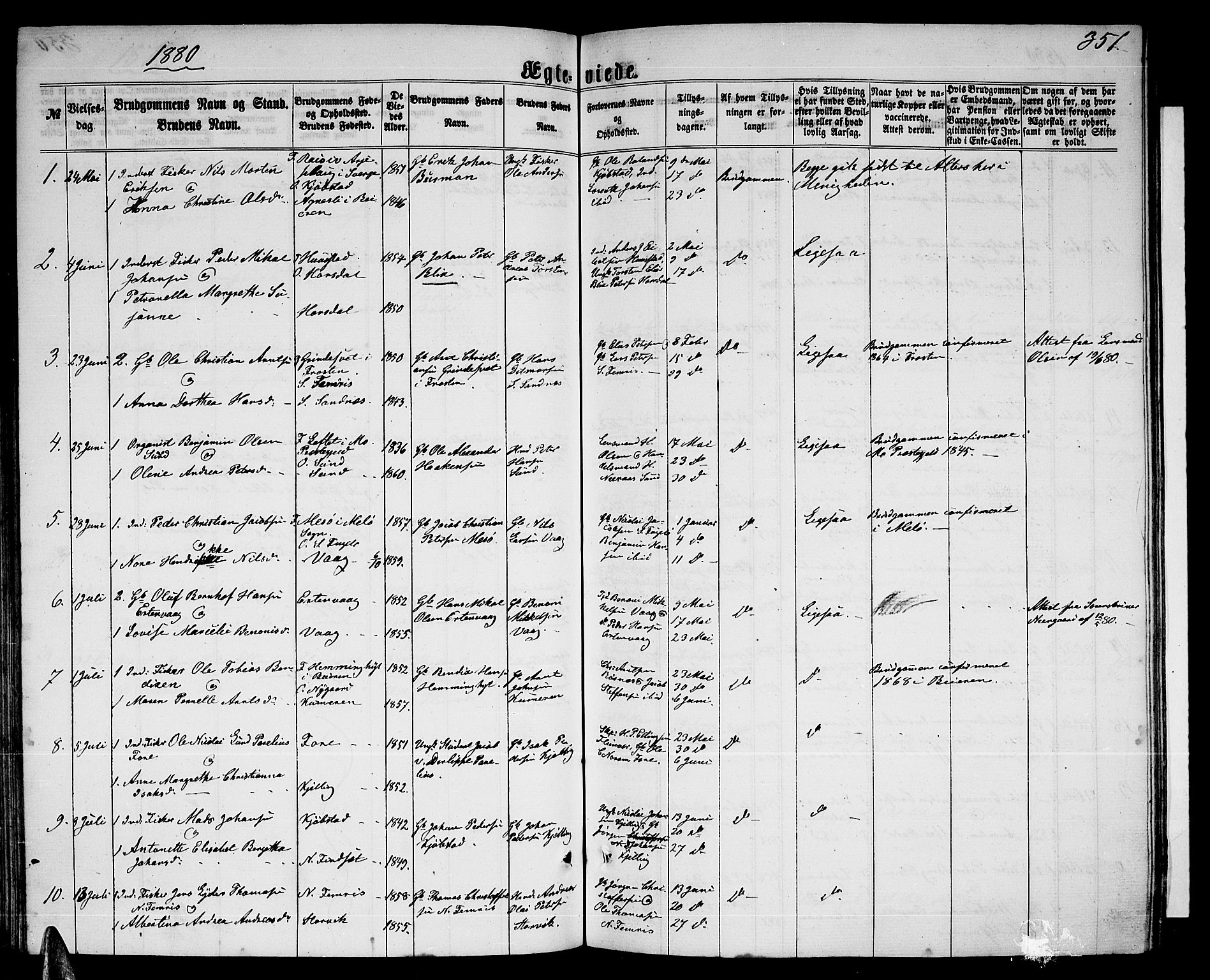 Ministerialprotokoller, klokkerbøker og fødselsregistre - Nordland, AV/SAT-A-1459/805/L0107: Parish register (copy) no. 805C03, 1862-1885, p. 351