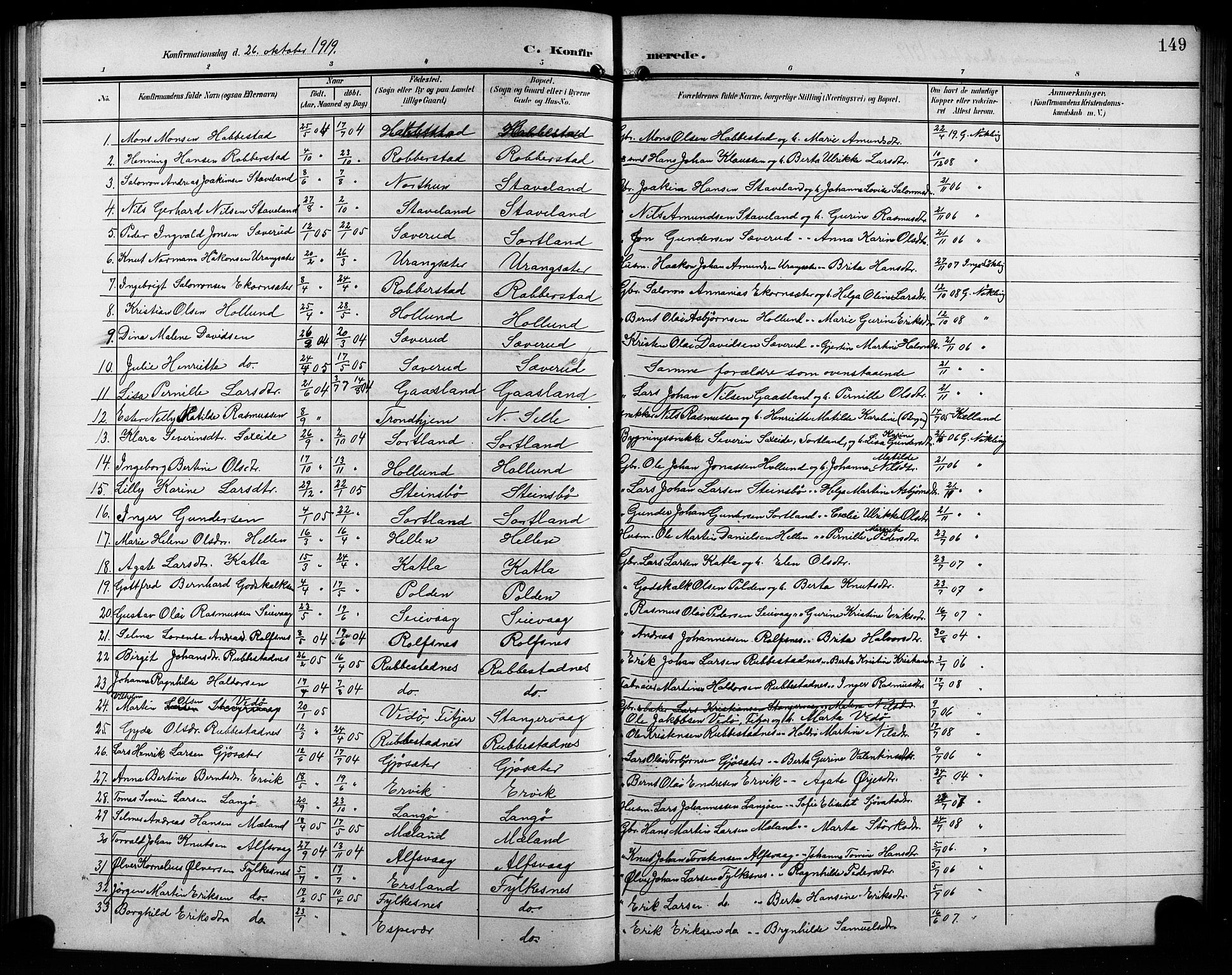Finnås sokneprestembete, AV/SAB-A-99925/H/Ha/Hab/Habb/L0005: Parish register (copy) no. B 5, 1907-1920, p. 149