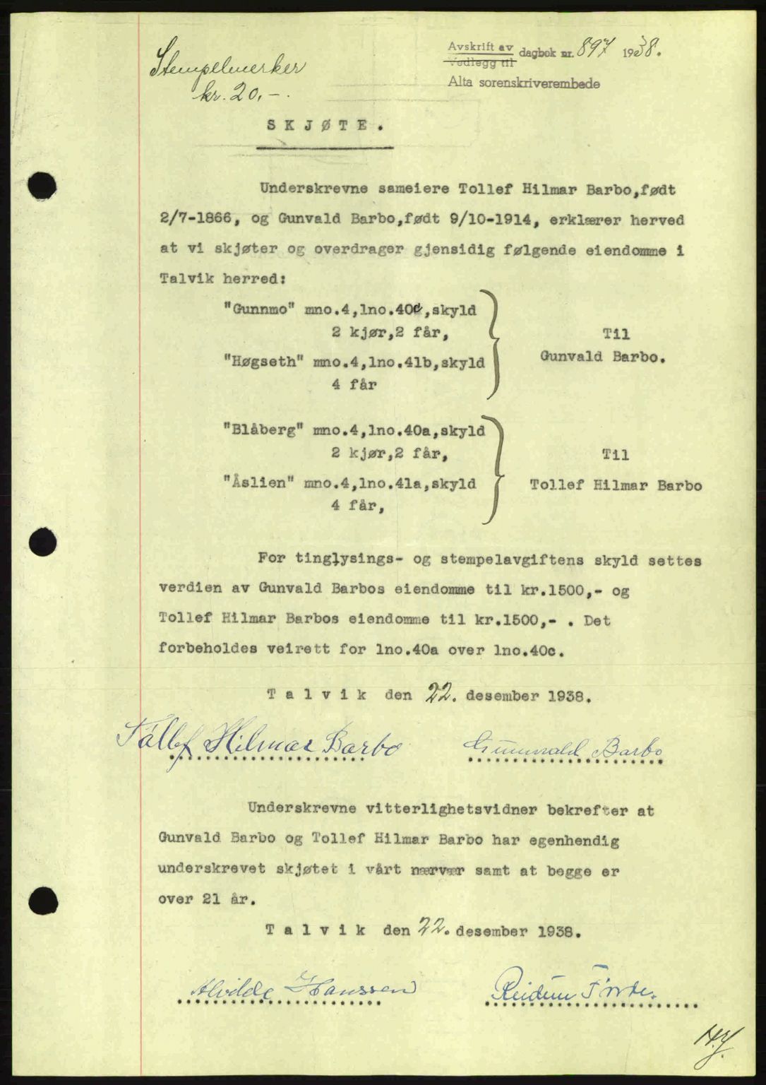 Alta fogderi/sorenskriveri, SATØ/SATØ-5/1/K/Kd/L0031pantebok: Mortgage book no. 31, 1938-1939, Diary no: : 897/1938