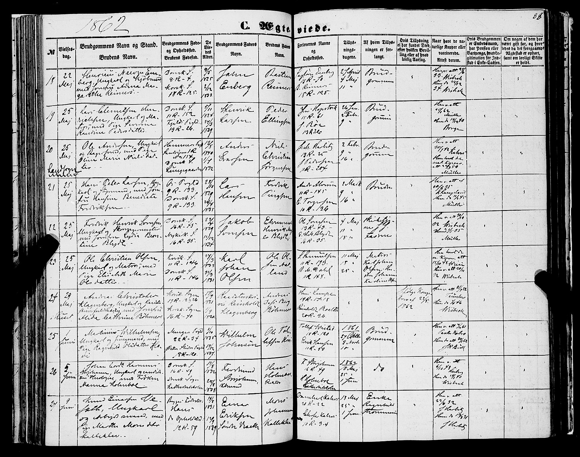 Domkirken sokneprestembete, SAB/A-74801/H/Haa/L0034: Parish register (official) no. D 2, 1853-1874, p. 88