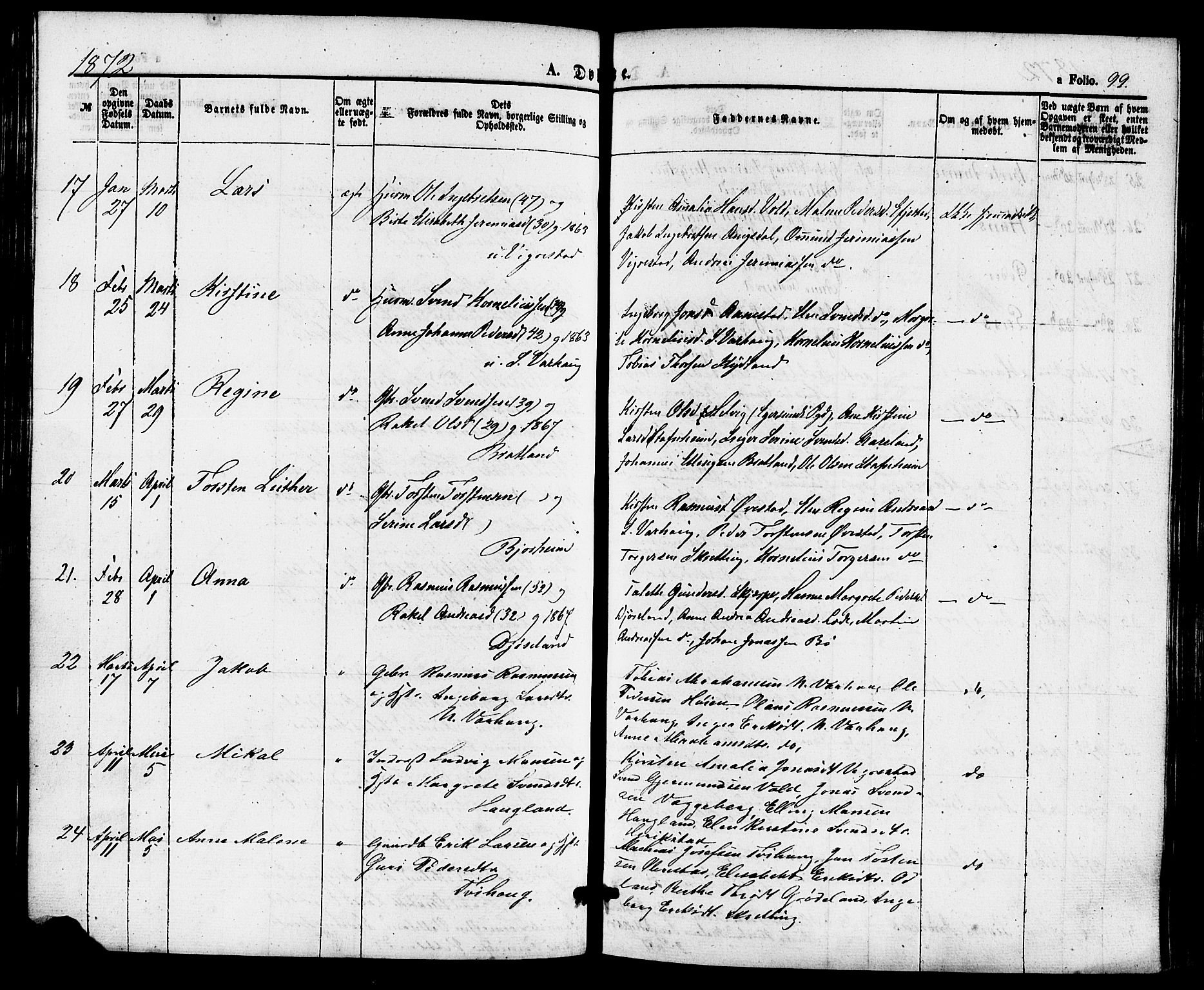 Hå sokneprestkontor, AV/SAST-A-101801/001/30BA/L0009: Parish register (official) no. A 8, 1855-1878, p. 99