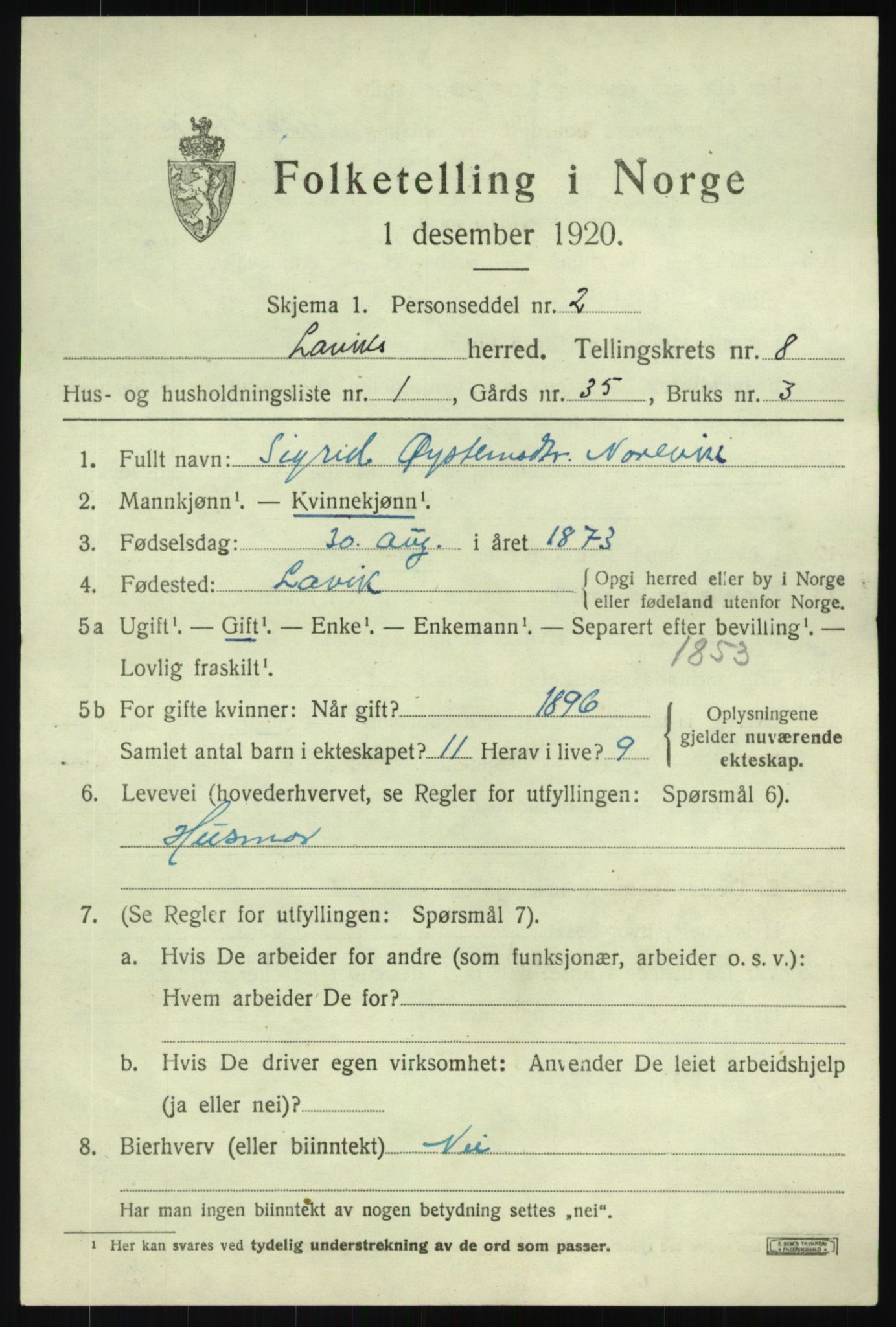 SAB, 1920 census for Lavik, 1920, p. 1744