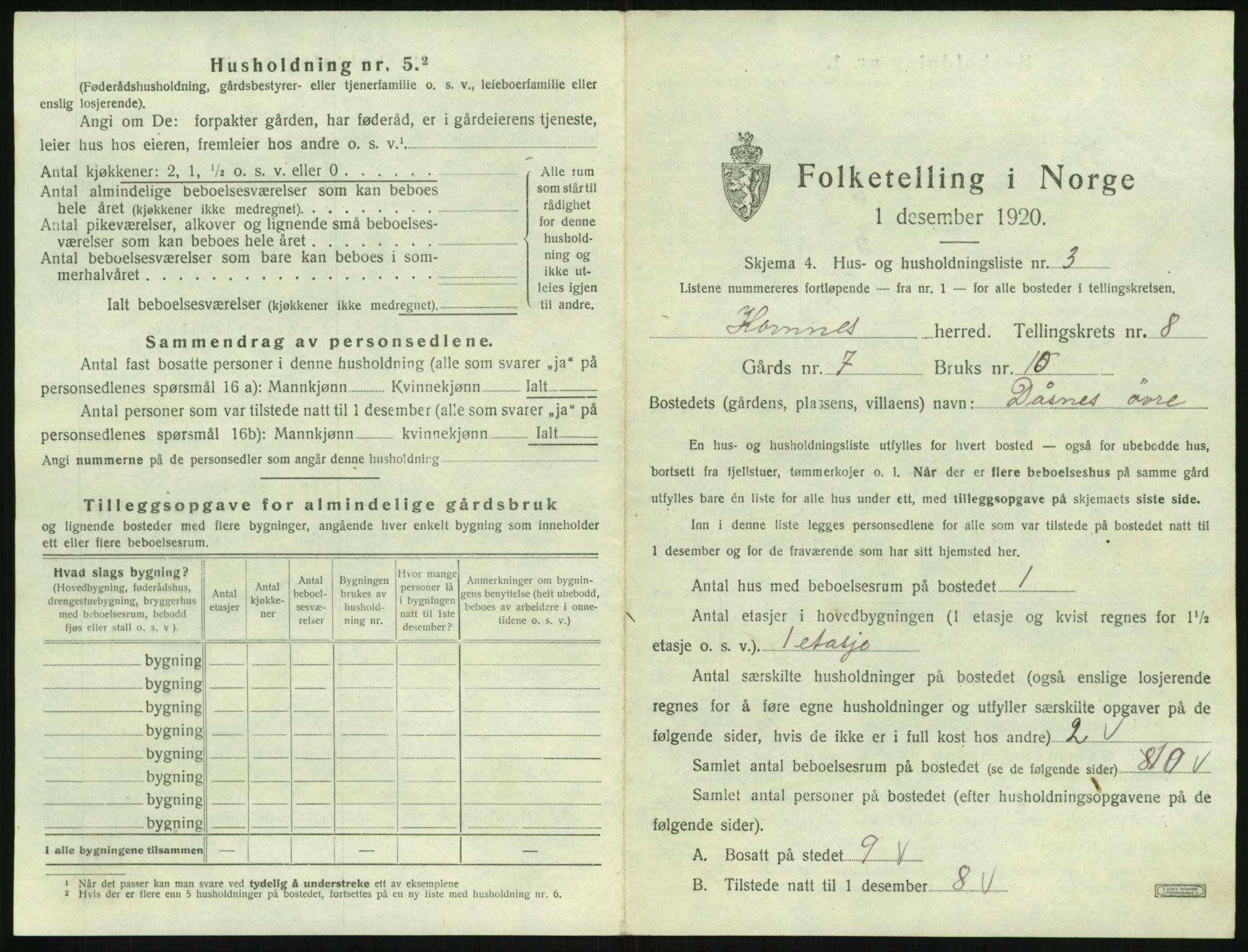 SAK, 1920 census for Hornnes, 1920, p. 291
