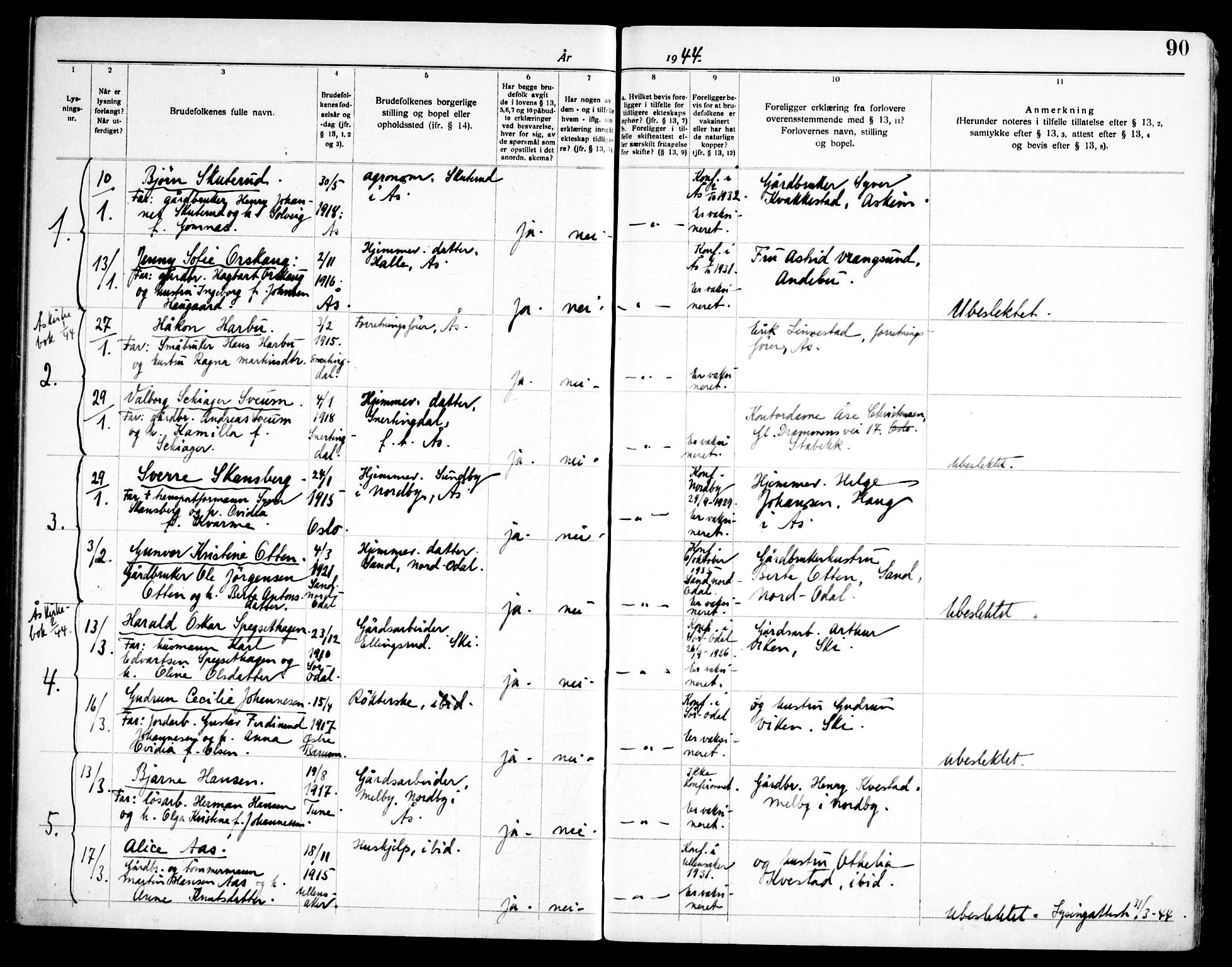Ås prestekontor Kirkebøker, SAO/A-10894/H/Ha/L0001: Banns register no. 1, 1919-1946, p. 90
