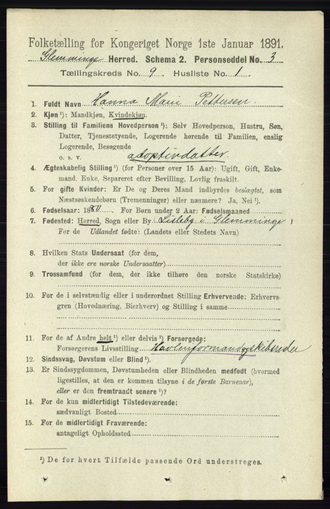 RA, 1891 census for 0132 Glemmen, 1891, p. 9585