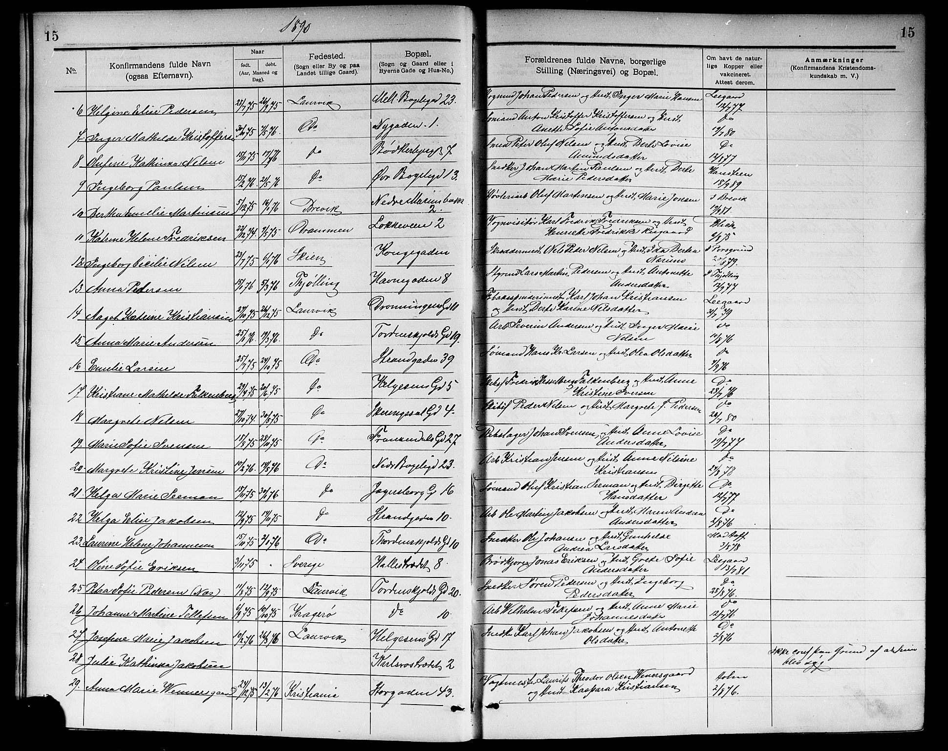 Larvik kirkebøker, SAKO/A-352/G/Ga/L0006: Parish register (copy) no. I 6, 1888-1917, p. 15