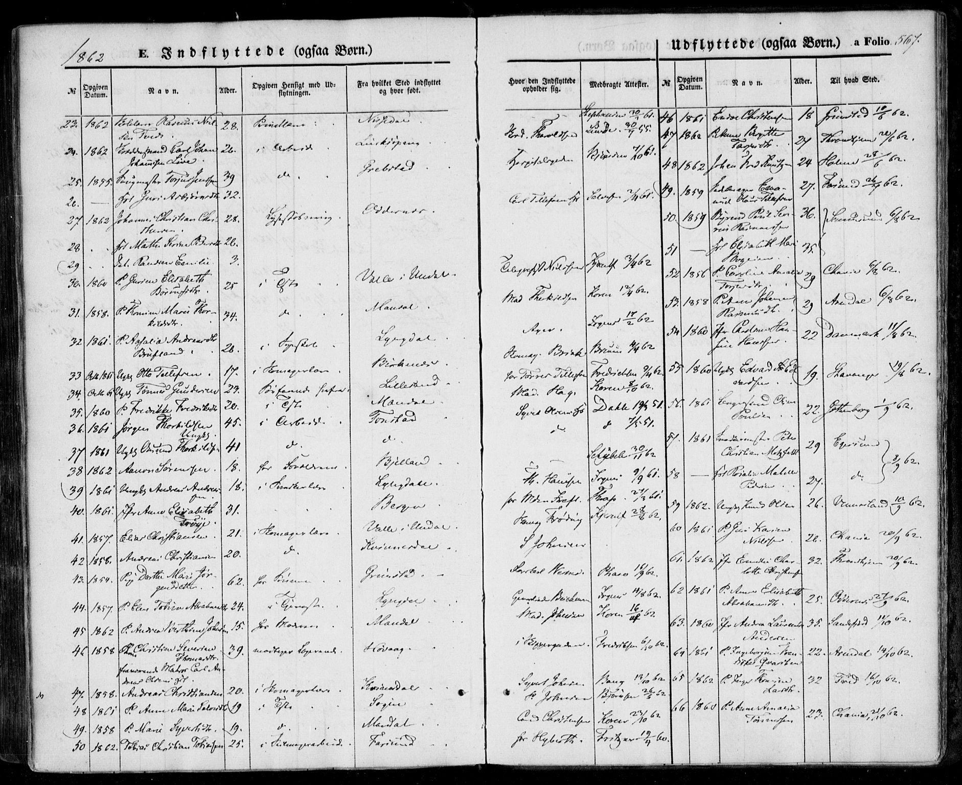 Kristiansand domprosti, SAK/1112-0006/F/Fa/L0014: Parish register (official) no. A 14, 1852-1867, p. 567