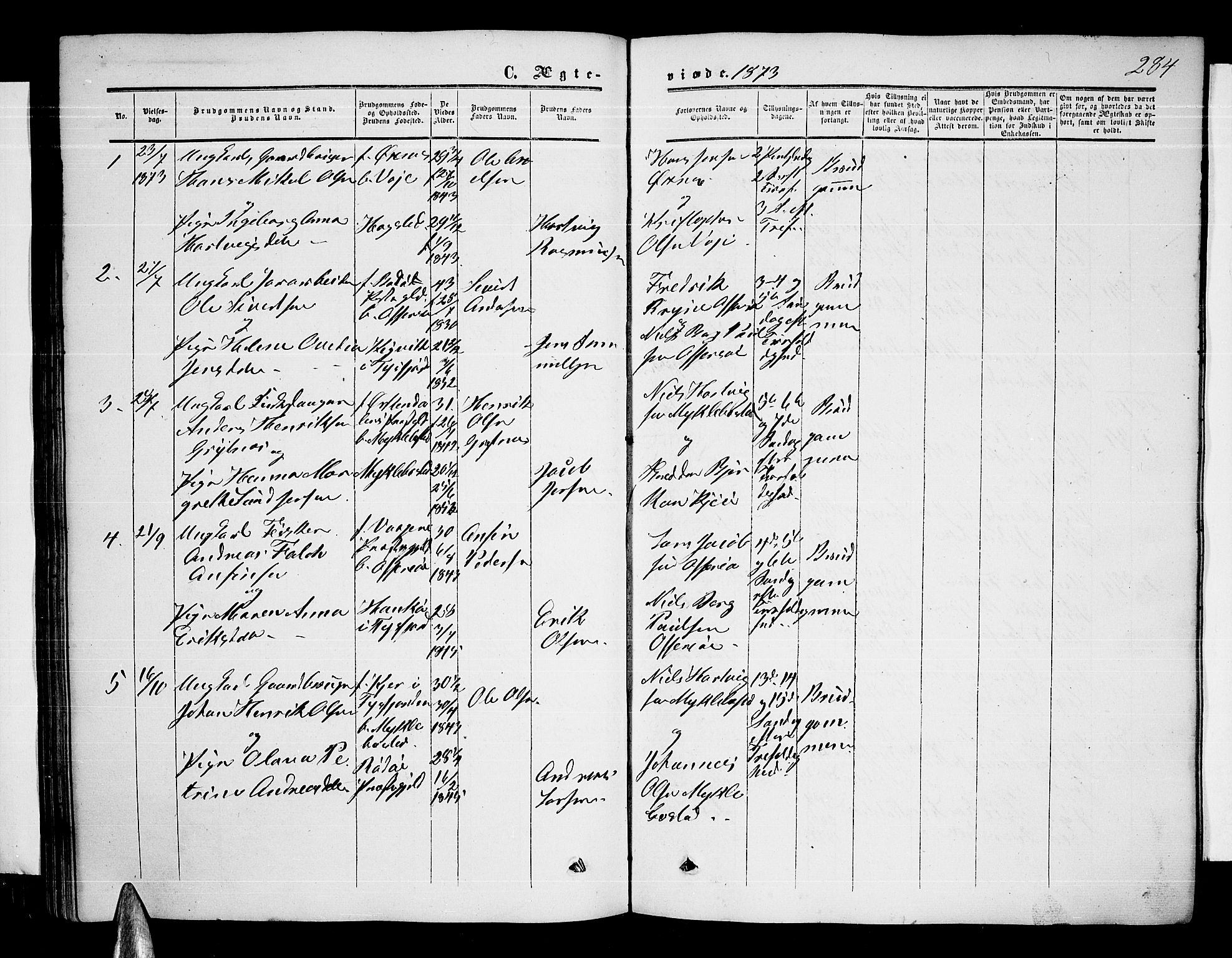 Ministerialprotokoller, klokkerbøker og fødselsregistre - Nordland, AV/SAT-A-1459/872/L1046: Parish register (copy) no. 872C02, 1852-1879, p. 284