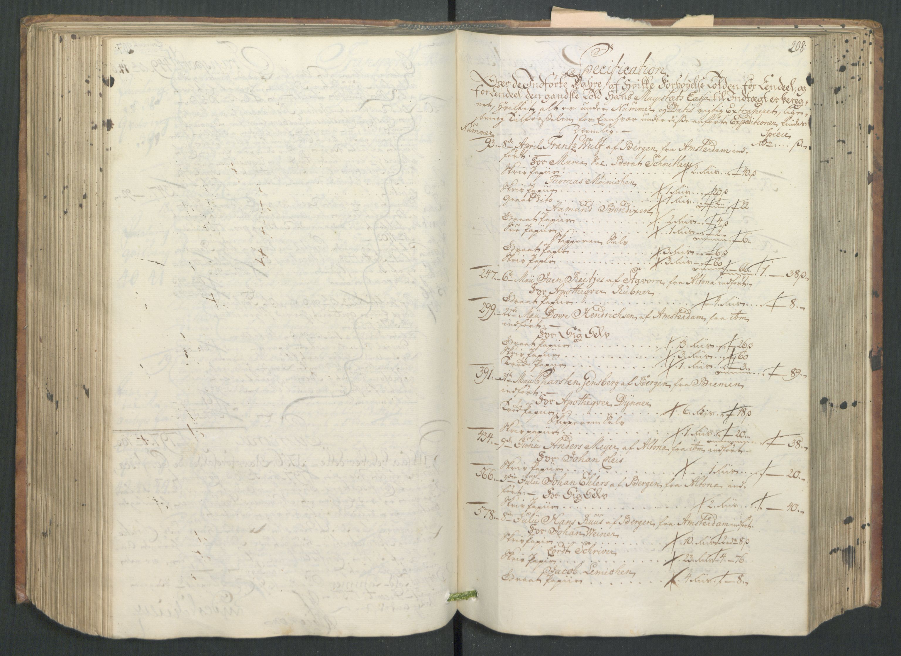 Generaltollkammeret, tollregnskaper, AV/RA-EA-5490/R26/L0065/0001: Tollregnskaper Bergen A / Inngående hovedtollbok, 1756, p. 207b-208a