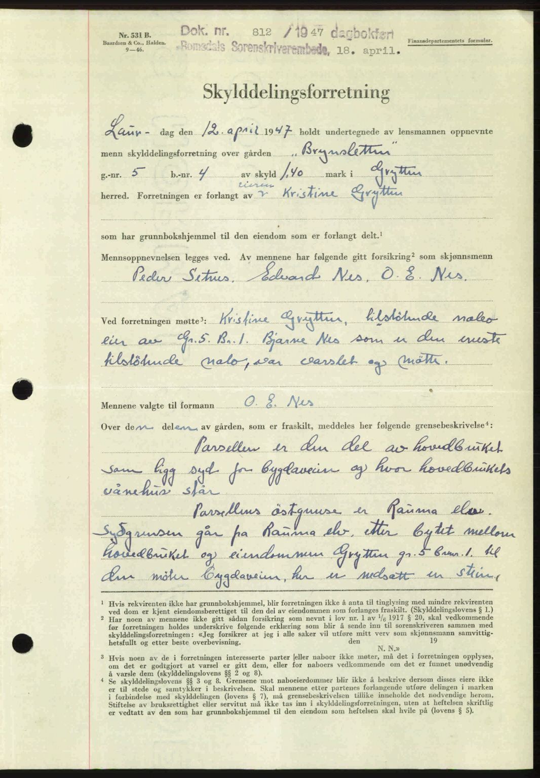 Romsdal sorenskriveri, SAT/A-4149/1/2/2C: Mortgage book no. A22, 1947-1947, Diary no: : 812/1947