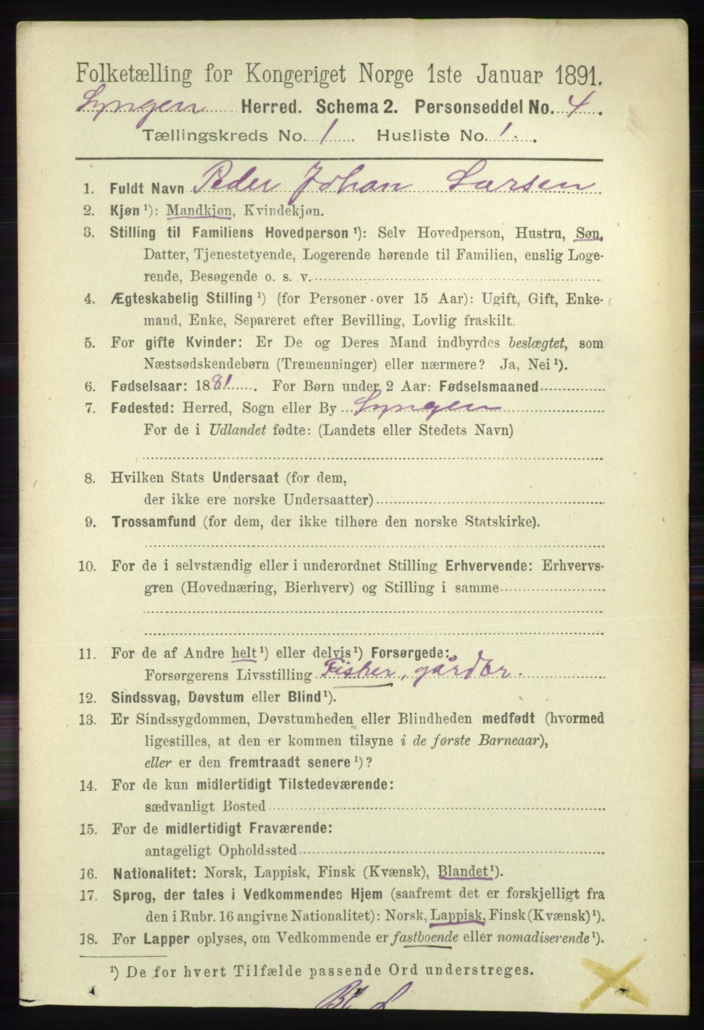 RA, 1891 census for 1938 Lyngen, 1891, p. 277