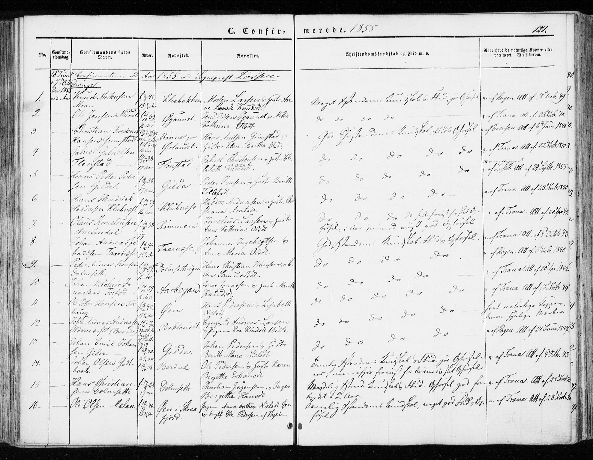 Ministerialprotokoller, klokkerbøker og fødselsregistre - Sør-Trøndelag, SAT/A-1456/655/L0677: Parish register (official) no. 655A06, 1847-1860, p. 121