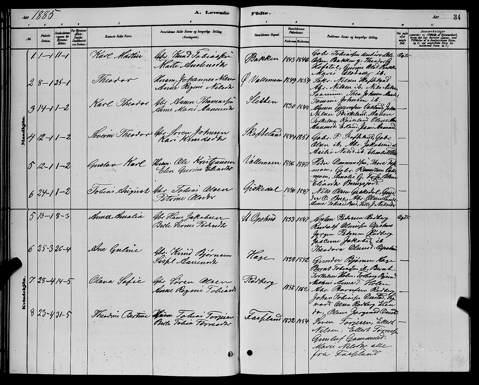 Sør-Audnedal sokneprestkontor, AV/SAK-1111-0039/F/Fb/Fbb/L0005: Parish register (copy) no. B 5, 1880-1892, p. 34