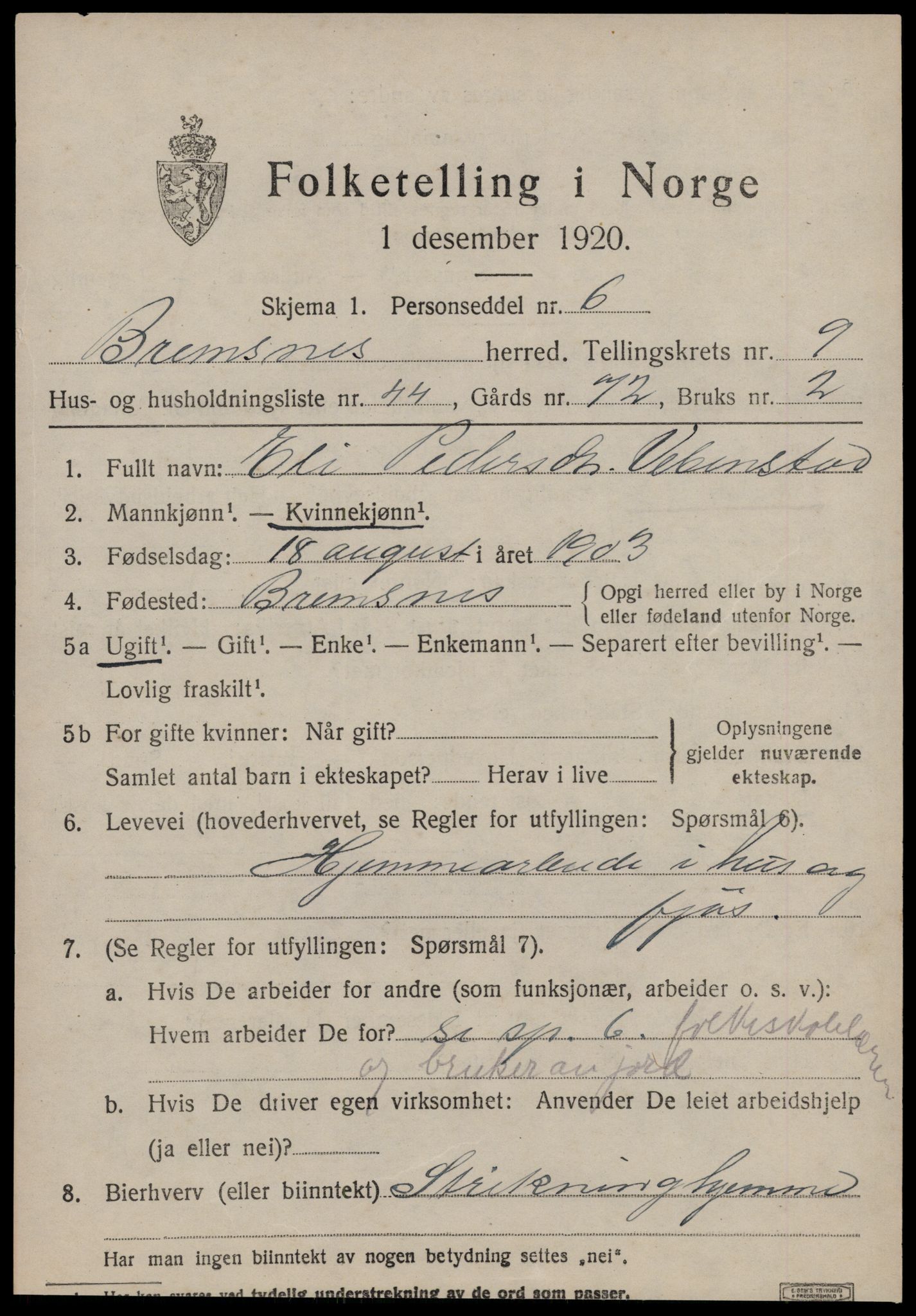 SAT, 1920 census for Bremsnes, 1920, p. 8457