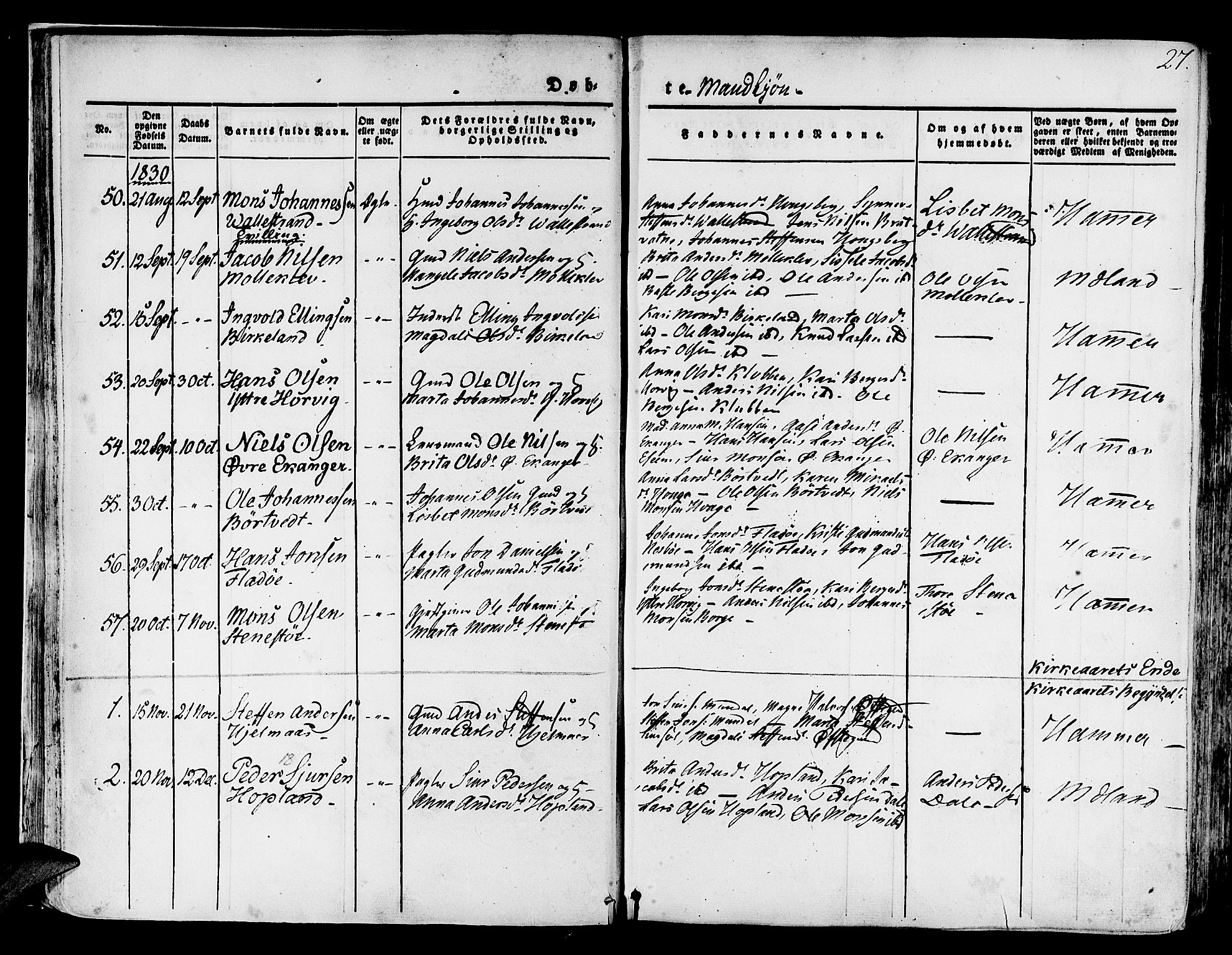 Hamre sokneprestembete, AV/SAB-A-75501/H/Ha/Haa/Haaa/L0011: Parish register (official) no. A 11, 1826-1834, p. 27