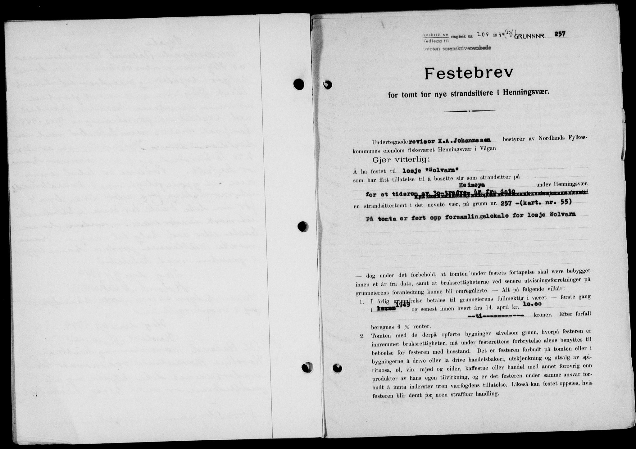 Lofoten sorenskriveri, SAT/A-0017/1/2/2C/L0020a: Mortgage book no. 20a, 1948-1949, Diary no: : 209/1949