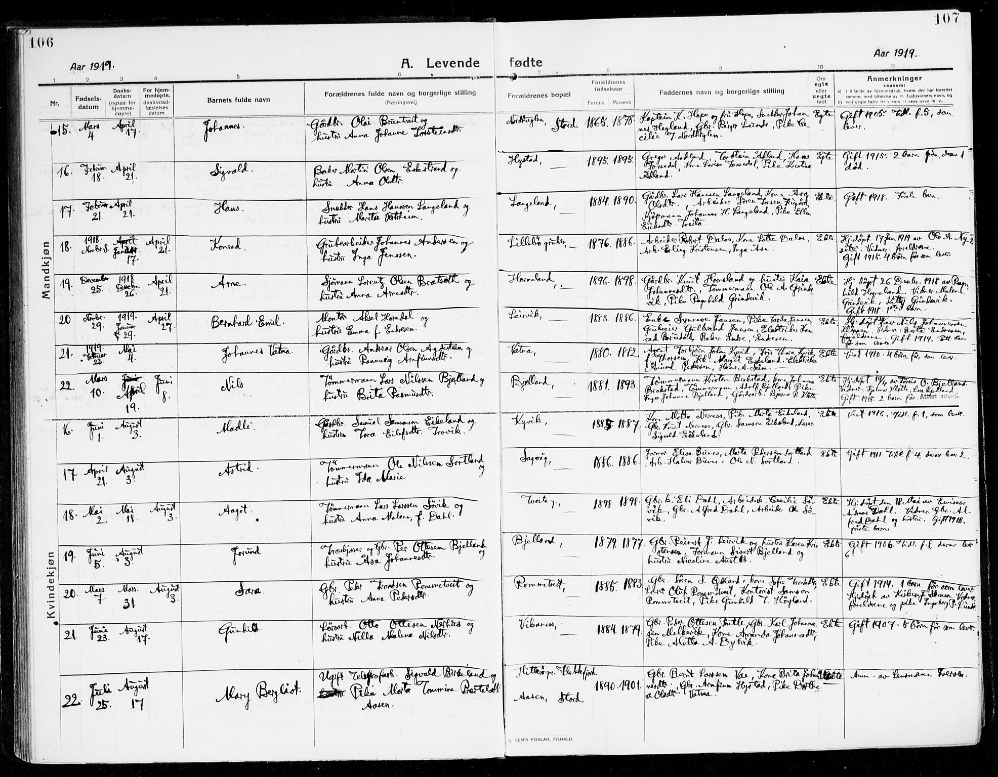 Stord sokneprestembete, AV/SAB-A-78201/H/Haa: Parish register (official) no. B 3, 1913-1925, p. 106-107