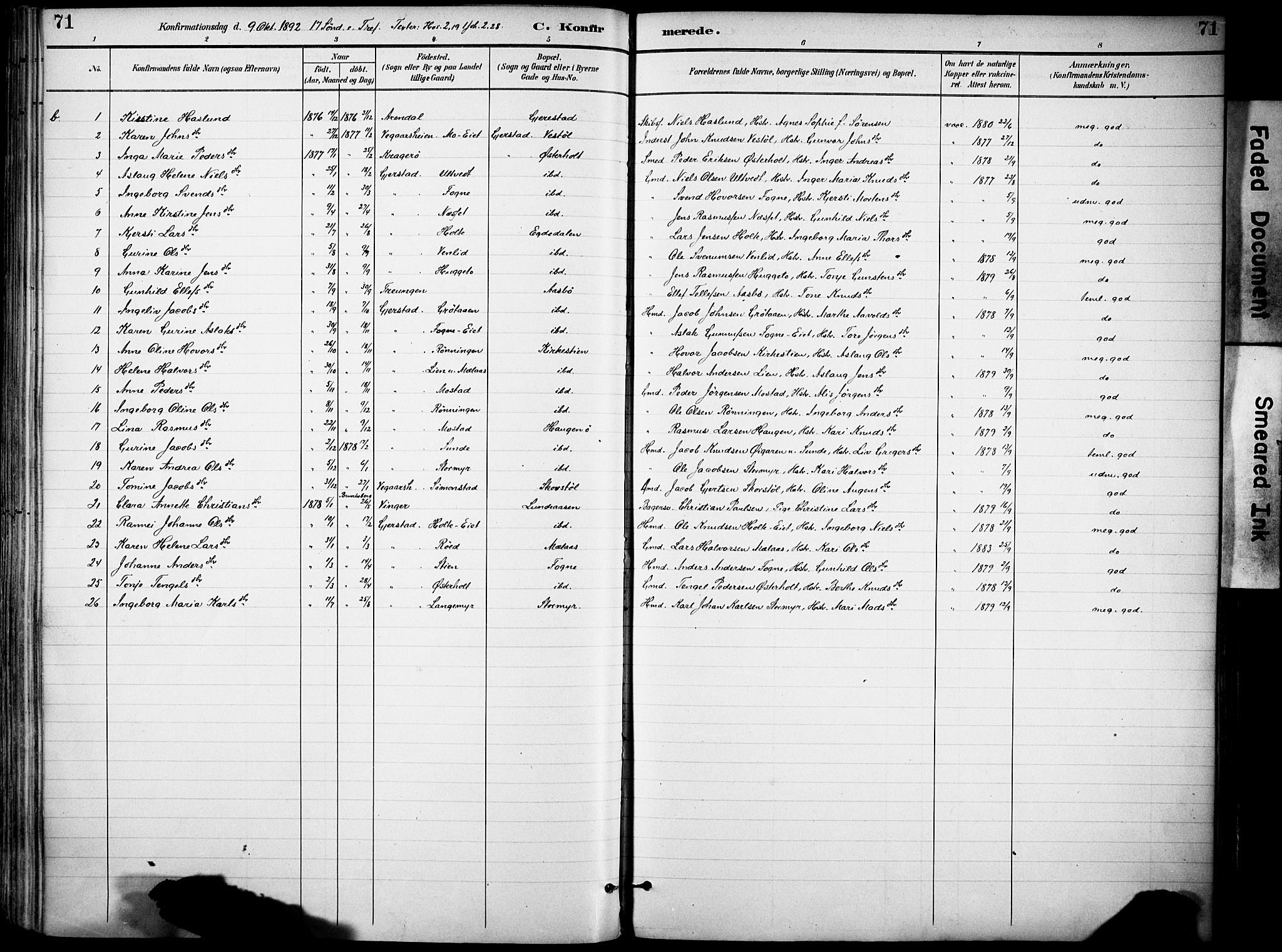 Gjerstad sokneprestkontor, AV/SAK-1111-0014/F/Fa/Faa/L0010: Parish register (official) no. A 10, 1891-1902, p. 71