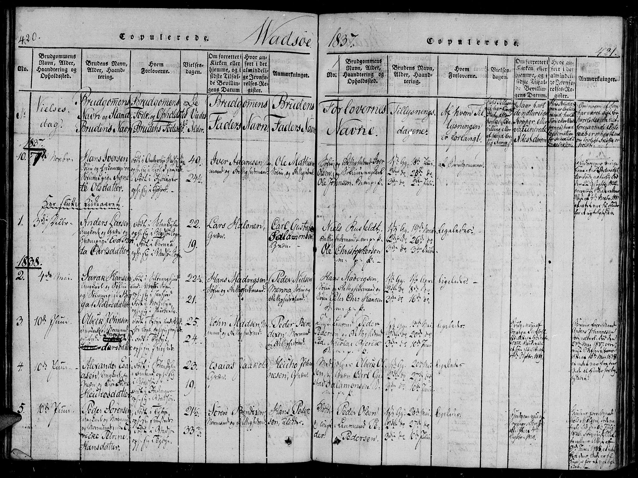 Vadsø sokneprestkontor, SATØ/S-1325/H/Ha/L0003kirke: Parish register (official) no. 3 /1, 1821-1839, p. 420-421