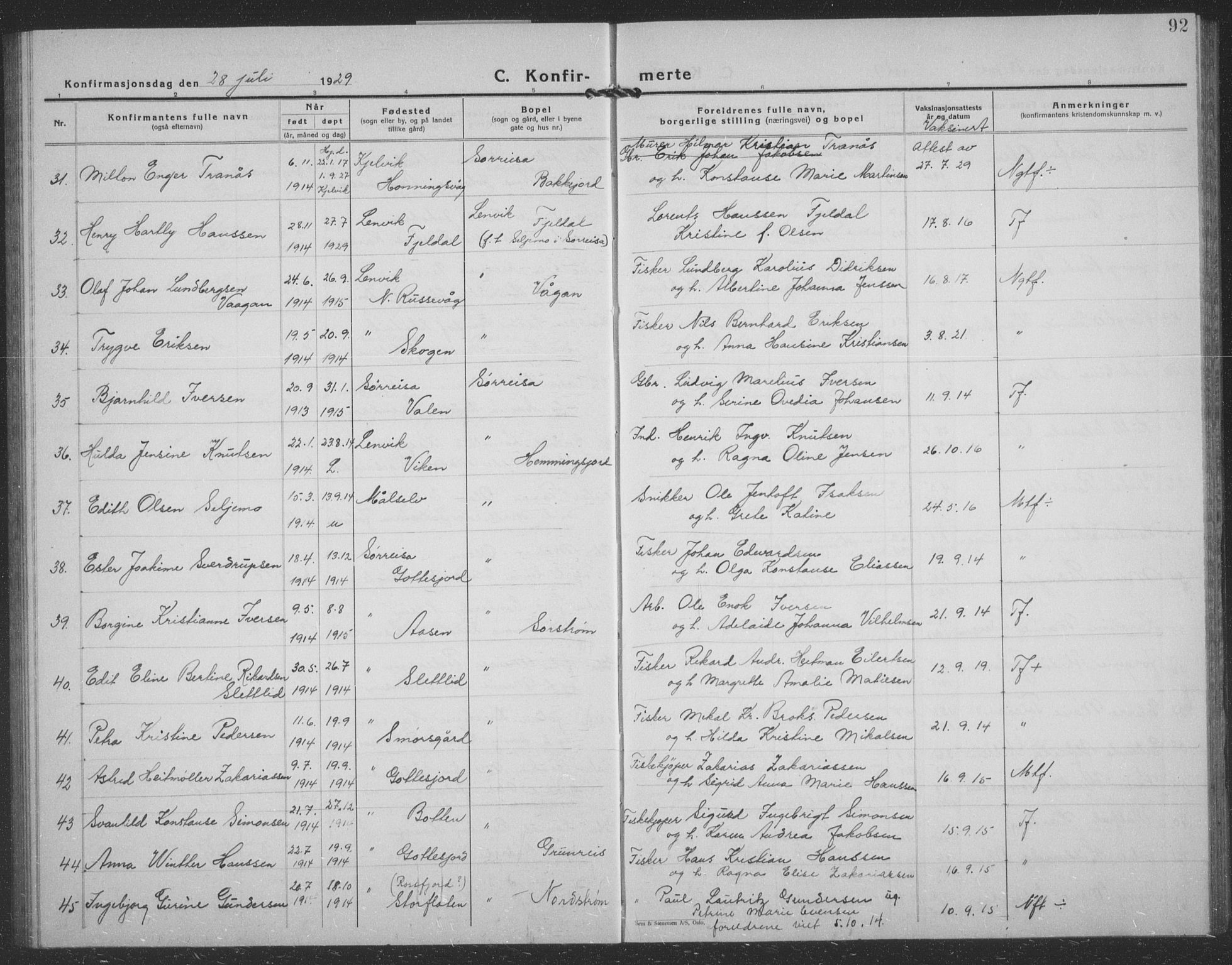 Tranøy sokneprestkontor, SATØ/S-1313/I/Ia/Iab/L0024klokker: Parish register (copy) no. 24, 1929-1943, p. 92