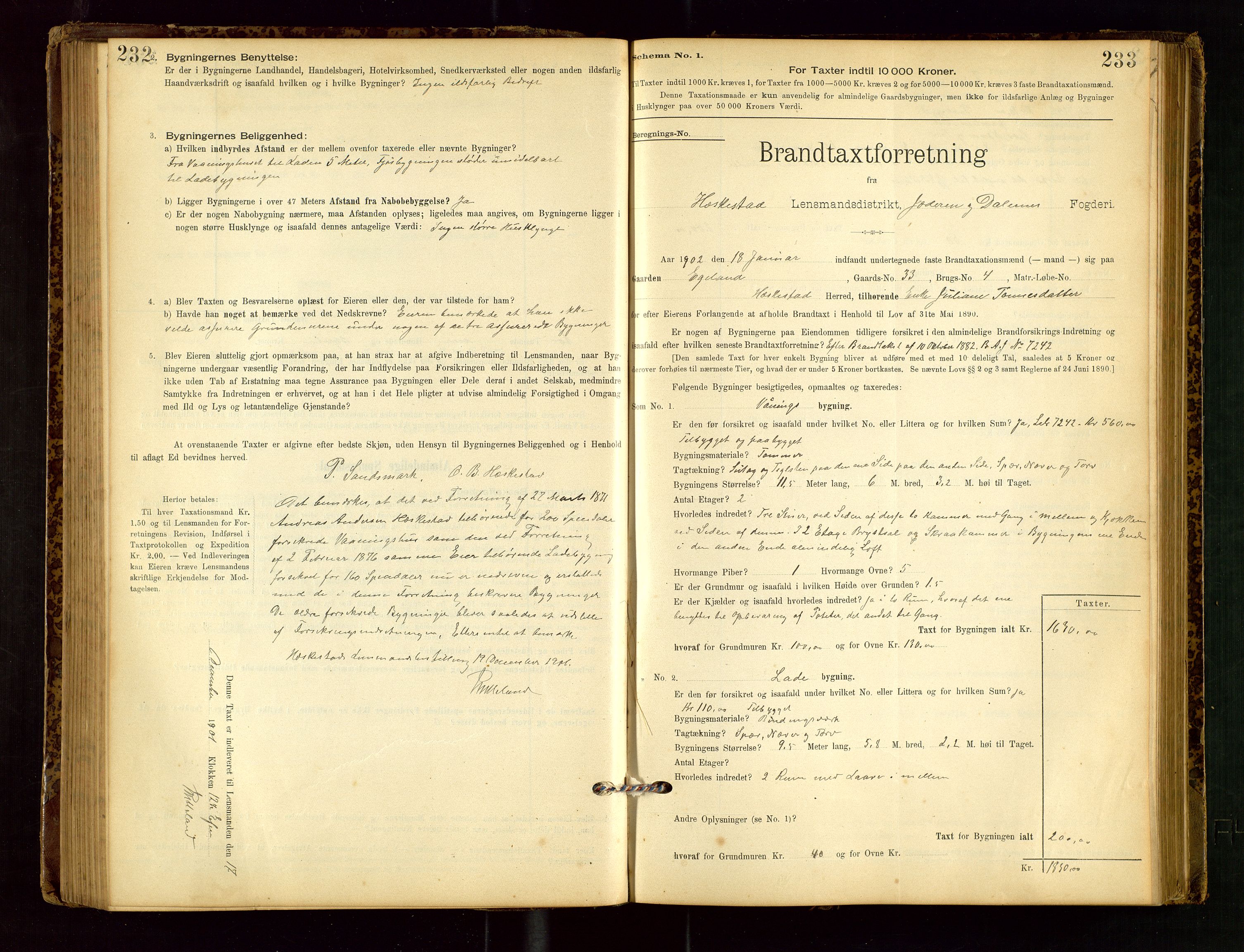 Heskestad lensmannskontor, SAST/A-100304/Gob/L0001: "Brandtaxationsprotokol", 1894-1915, p. 232-233