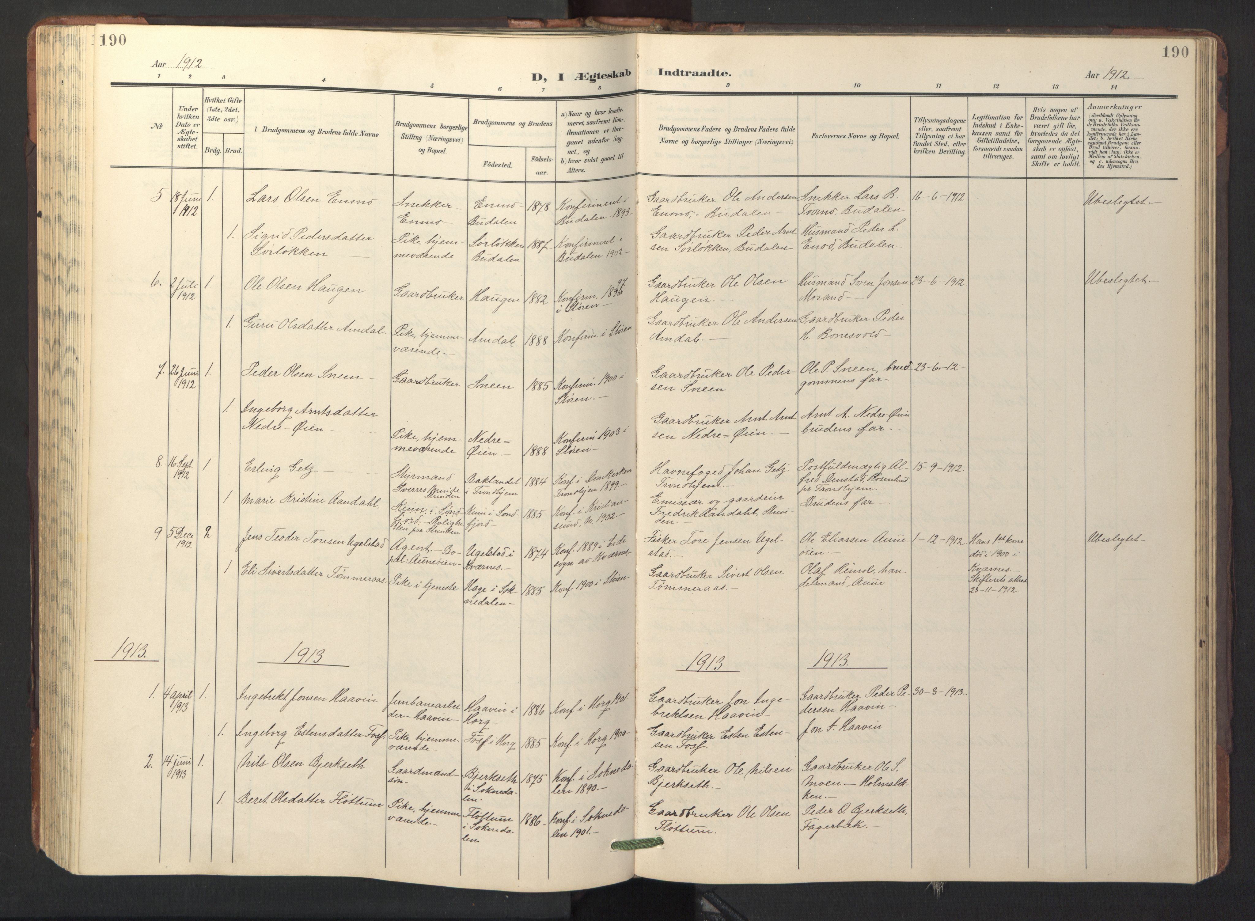 Ministerialprotokoller, klokkerbøker og fødselsregistre - Sør-Trøndelag, SAT/A-1456/687/L1019: Parish register (copy) no. 687C03, 1904-1931, p. 190