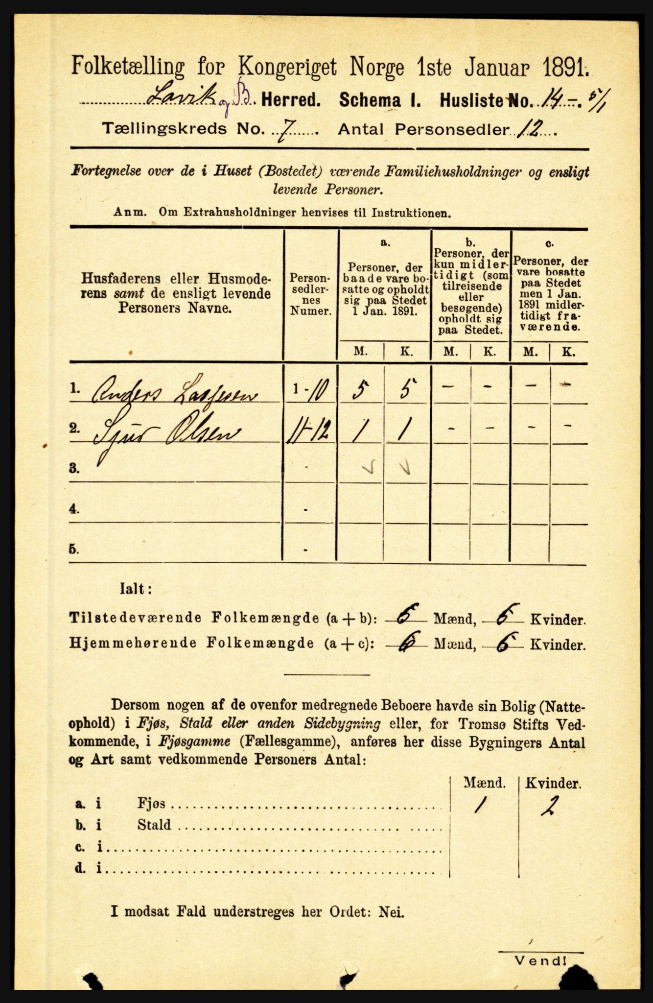 RA, 1891 census for 1415 Lavik og Brekke, 1891, p. 1335