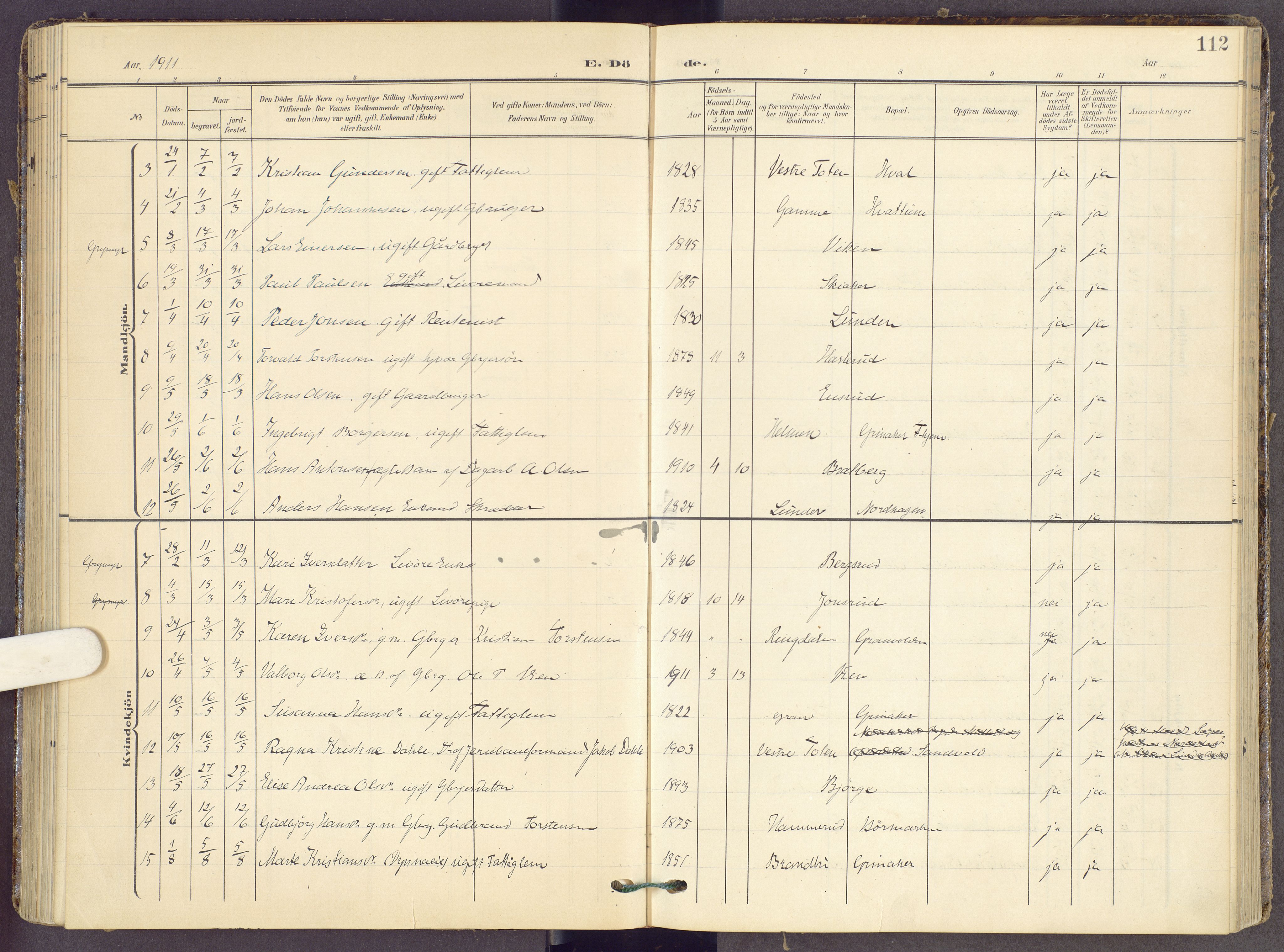 Gran prestekontor, SAH/PREST-112/H/Ha/Haa/L0022: Parish register (official) no. 22, 1908-1918, p. 112