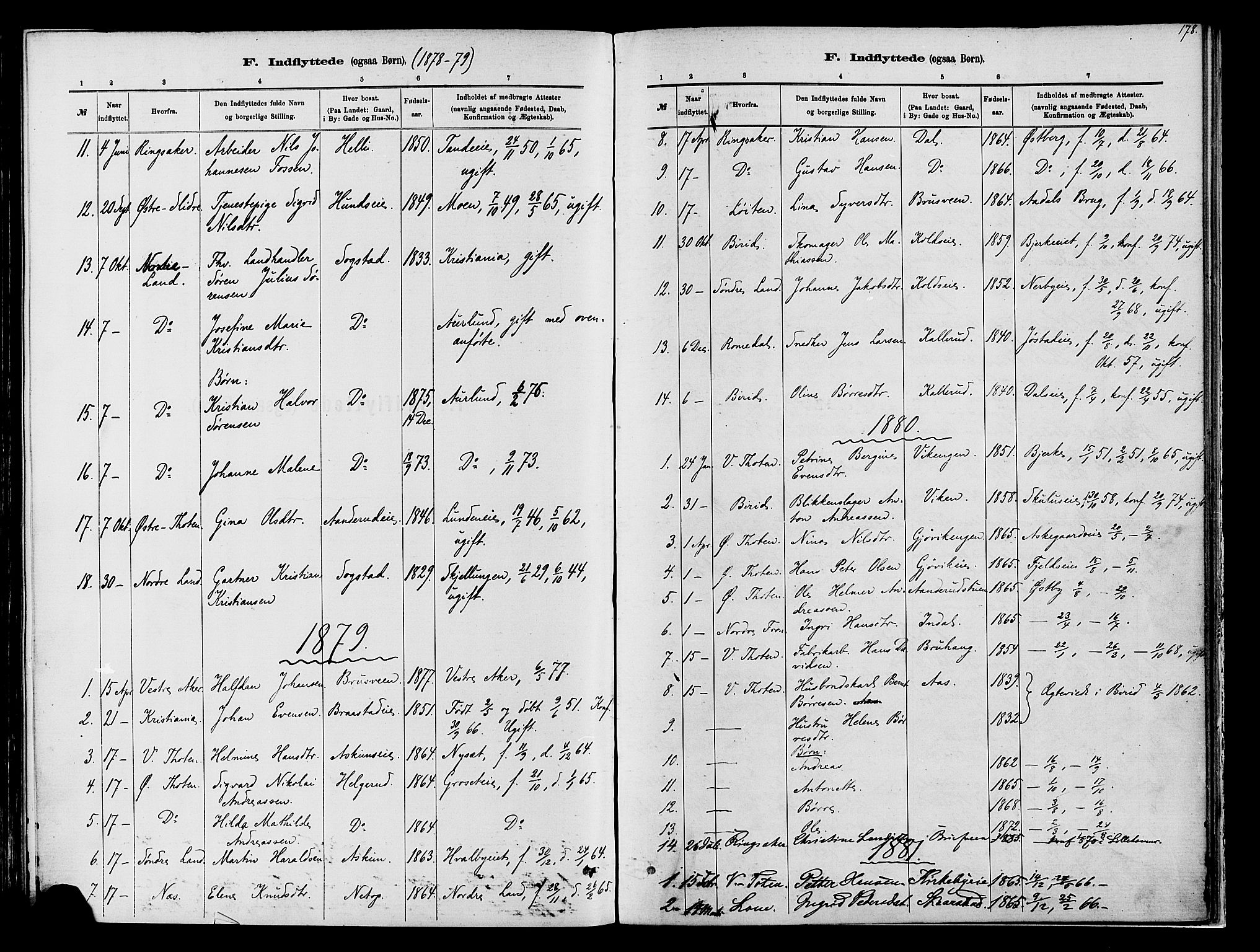 Vardal prestekontor, SAH/PREST-100/H/Ha/Haa/L0009: Parish register (official) no. 9, 1878-1892, p. 178