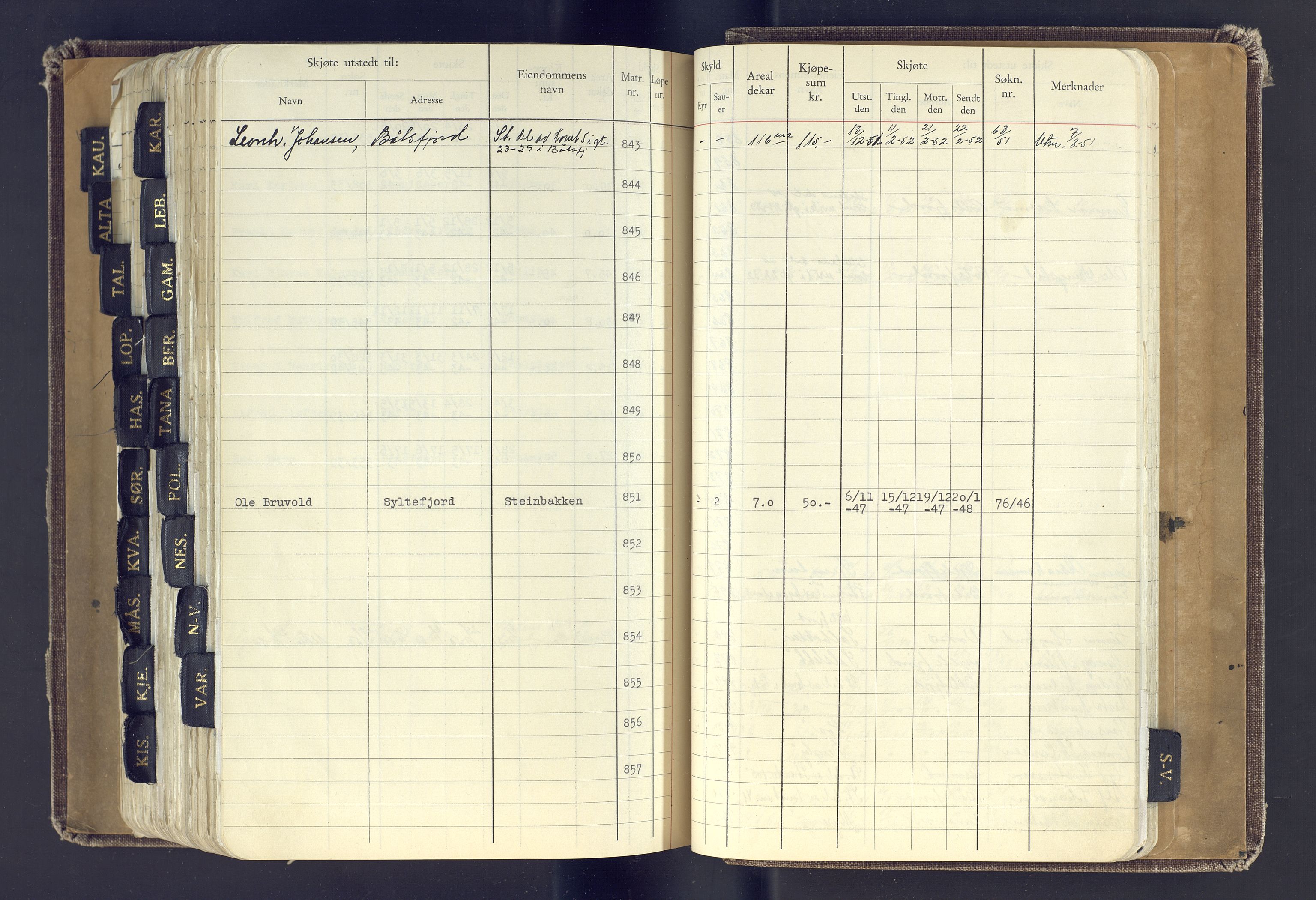 Finnmark jordsalgskommisjon/jordsalgskontor og Statskog SF Finnmark jordsalgskontor, AV/SATØ-S-1443/J/Jc/L0001: Skjøtebok, 1932-1983