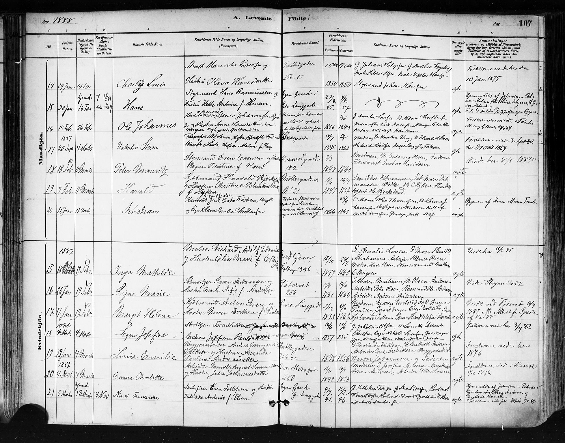 Tønsberg kirkebøker, AV/SAKO-A-330/F/Fa/L0011: Parish register (official) no. I 11, 1881-1890, p. 107