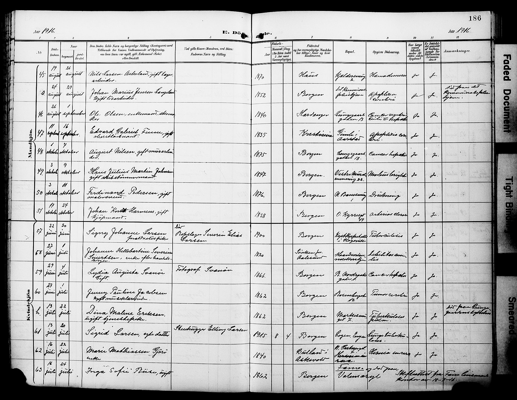 Domkirken sokneprestembete, AV/SAB-A-74801/H/Hab/L0042: Parish register (copy) no. E 6, 1900-1929, p. 186