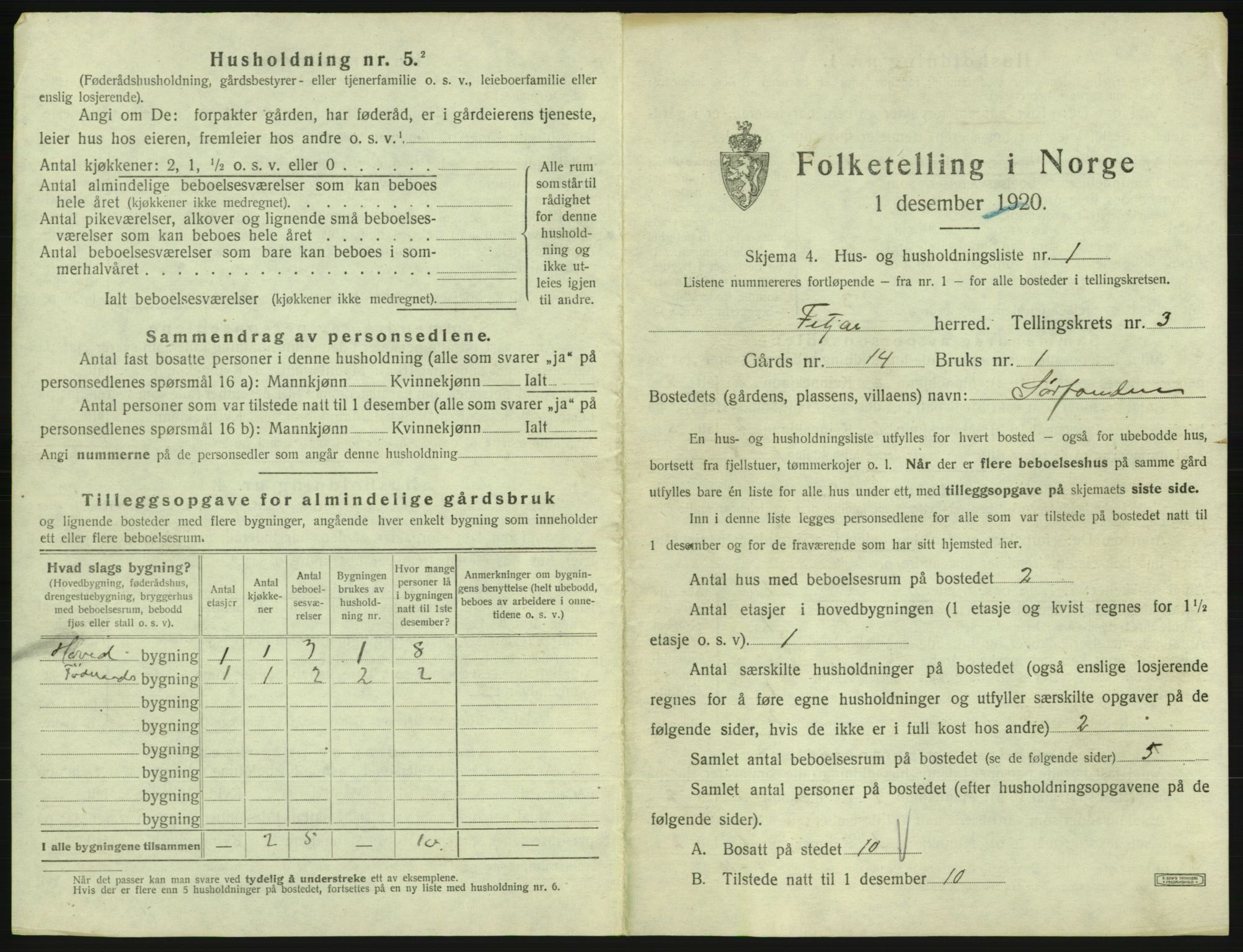 SAB, 1920 census for Fitjar, 1920, p. 242