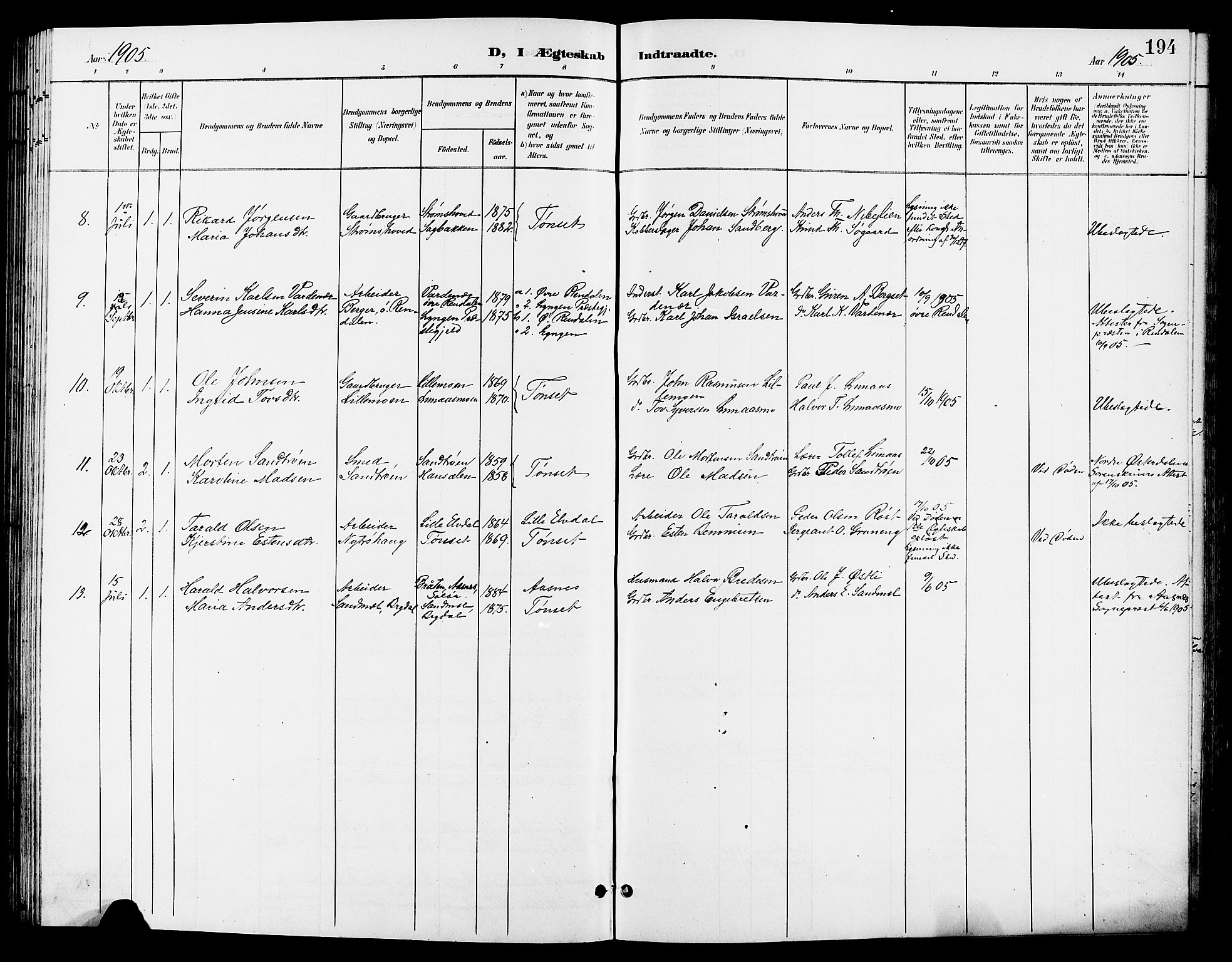 Tynset prestekontor, SAH/PREST-058/H/Ha/Hab/L0009: Parish register (copy) no. 9, 1900-1914, p. 194