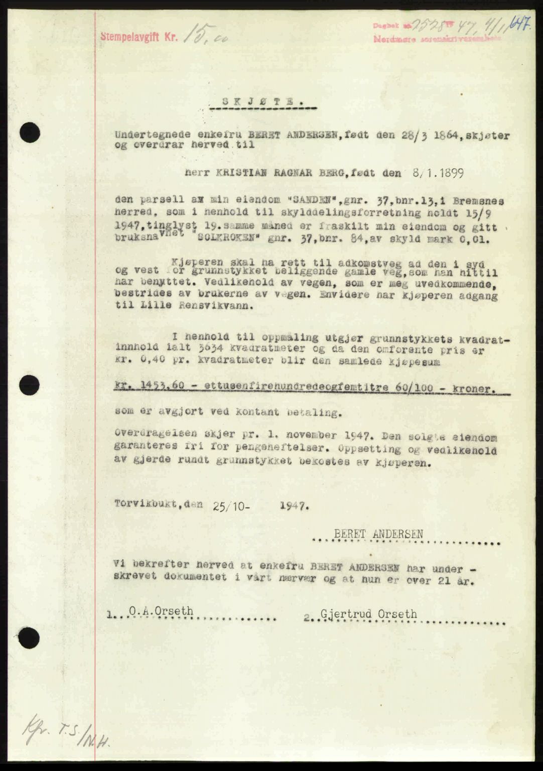 Nordmøre sorenskriveri, AV/SAT-A-4132/1/2/2Ca: Mortgage book no. A106, 1947-1947, Diary no: : 2528/1947