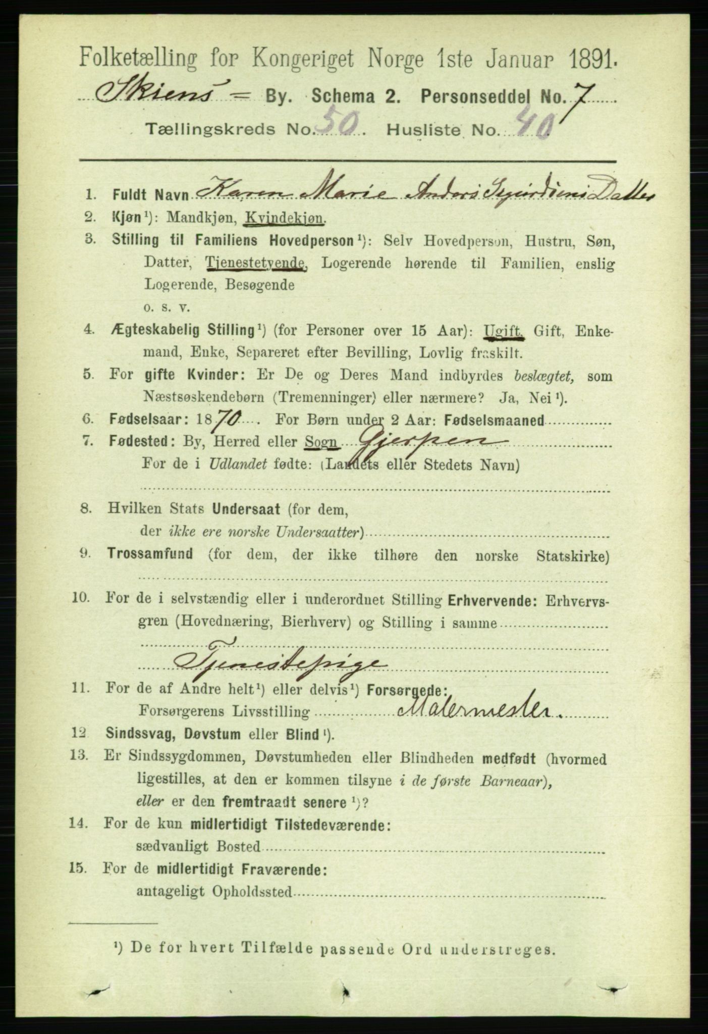 RA, 1891 census for 0806 Skien, 1891, p. 11130