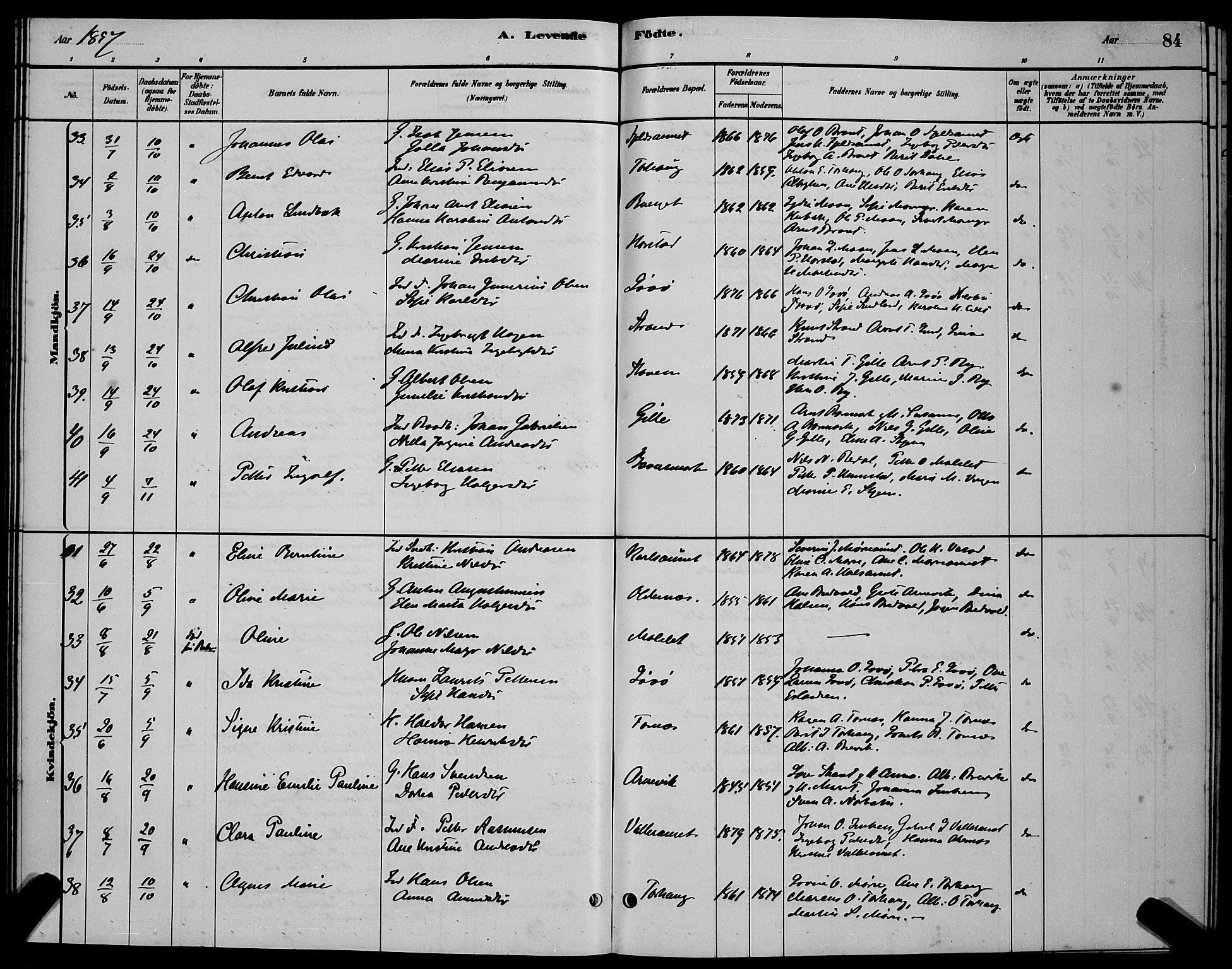 Ministerialprotokoller, klokkerbøker og fødselsregistre - Sør-Trøndelag, SAT/A-1456/655/L0687: Parish register (copy) no. 655C03, 1880-1898, p. 84