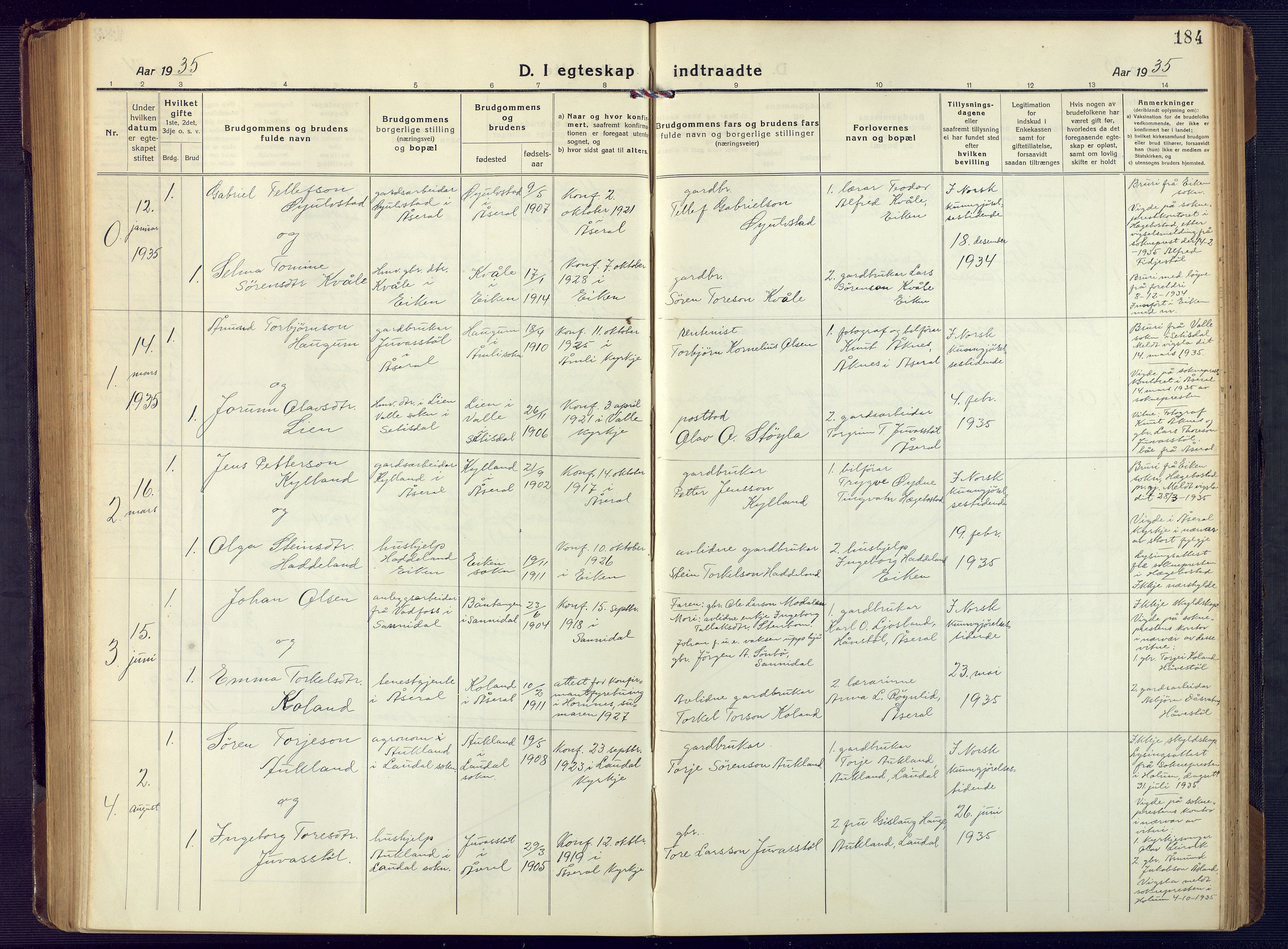 Åseral sokneprestkontor, SAK/1111-0051/F/Fb/L0004: Parish register (copy) no. B 4, 1920-1946, p. 184