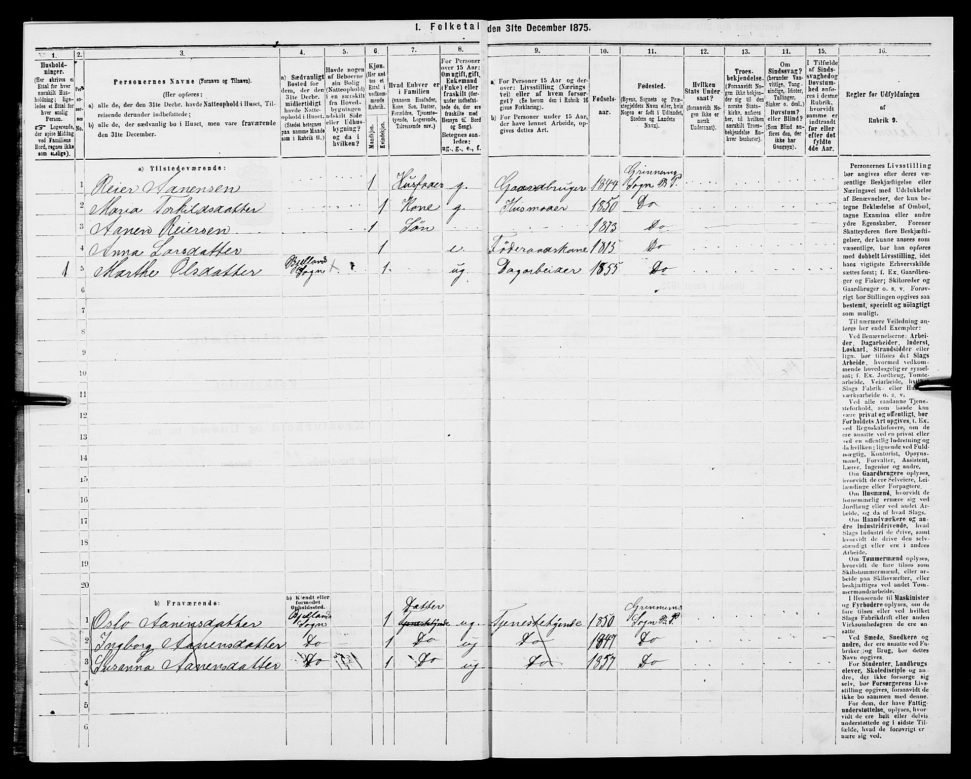 SAK, 1875 census for 1024P Bjelland, 1875, p. 396