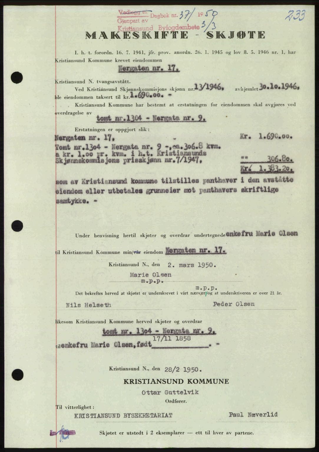 Kristiansund byfogd, AV/SAT-A-4587/A/27: Mortgage book no. 46, 1949-1950, Diary no: : 371/1950