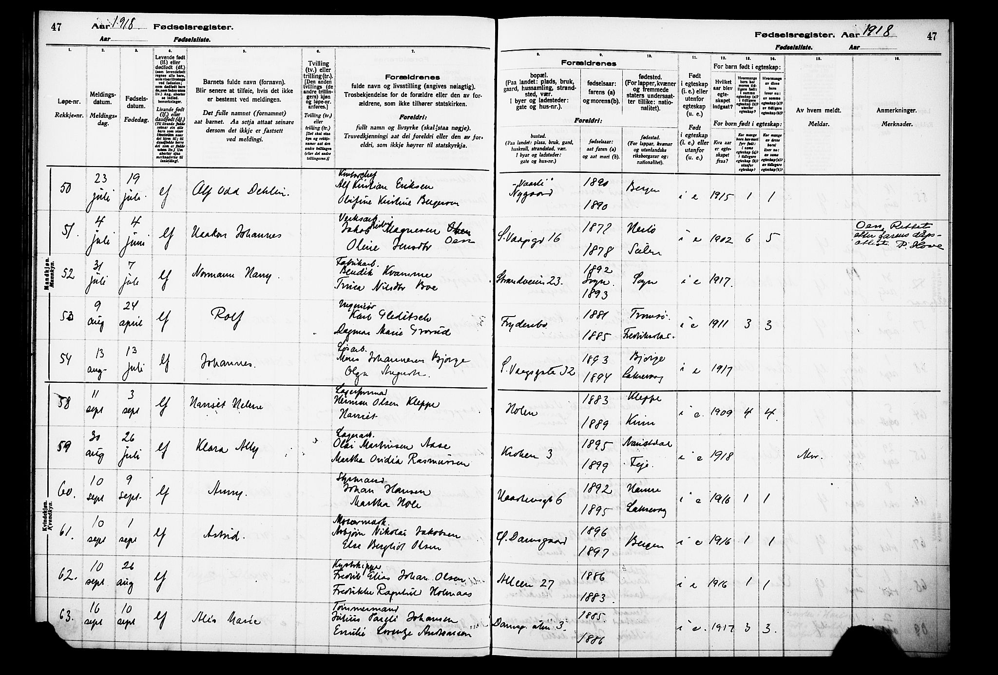 Laksevåg Sokneprestembete, AV/SAB-A-76501/I/Id/L00A1: Birth register no. A 1, 1916-1926, p. 47