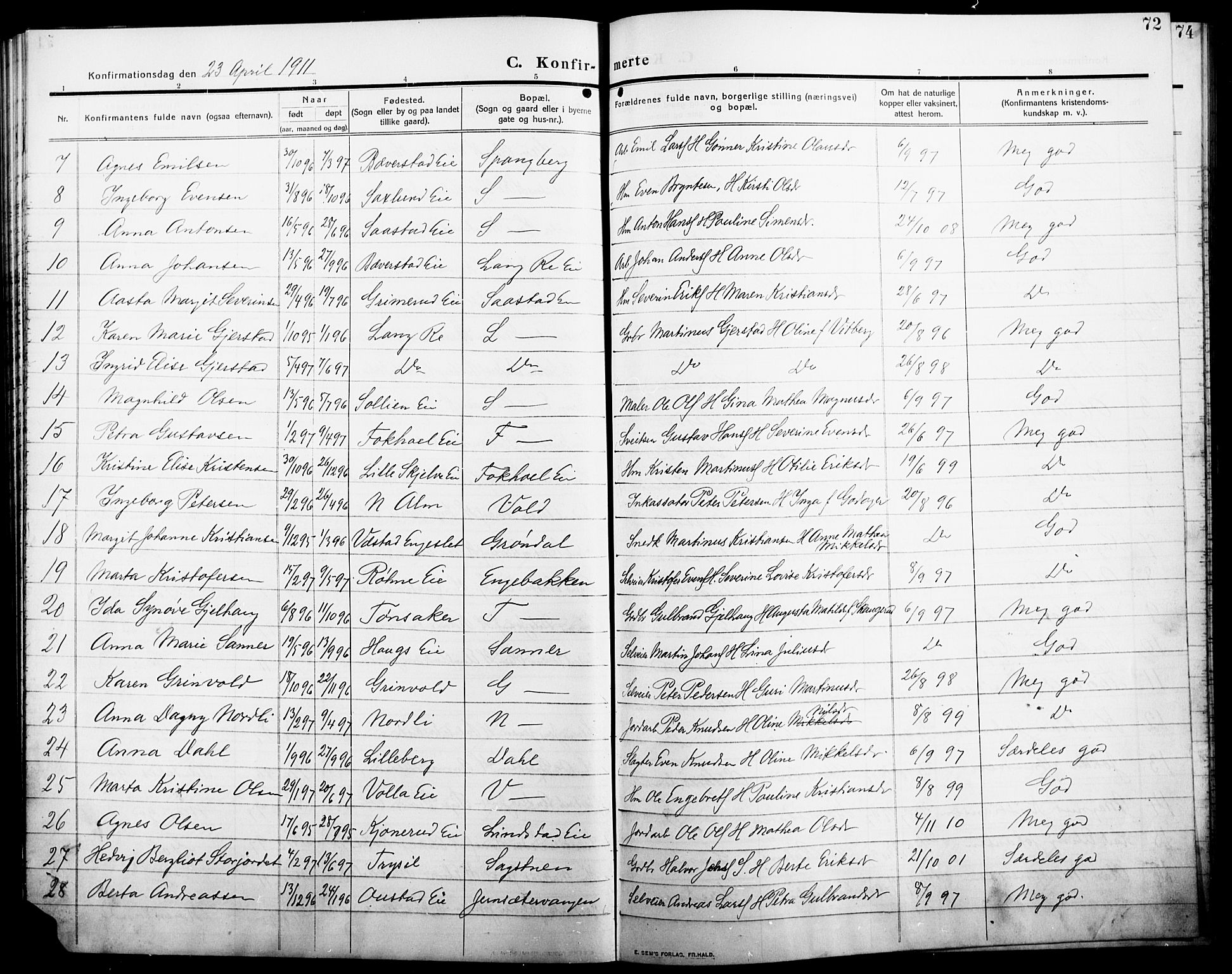 Stange prestekontor, AV/SAH-PREST-002/L/L0014: Parish register (copy) no. 14, 1909-1917, p. 72