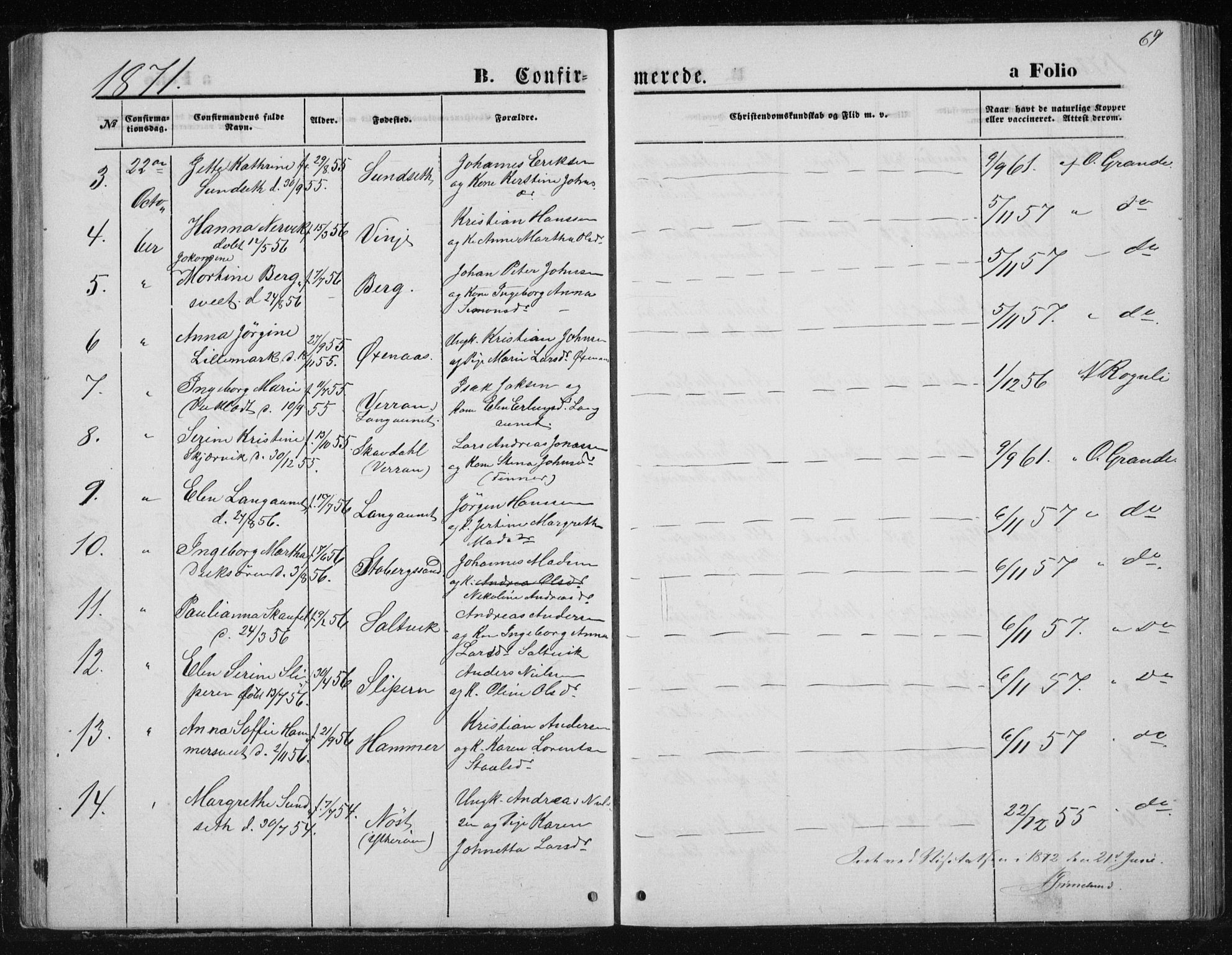 Ministerialprotokoller, klokkerbøker og fødselsregistre - Nord-Trøndelag, SAT/A-1458/733/L0324: Parish register (official) no. 733A03, 1870-1883, p. 69