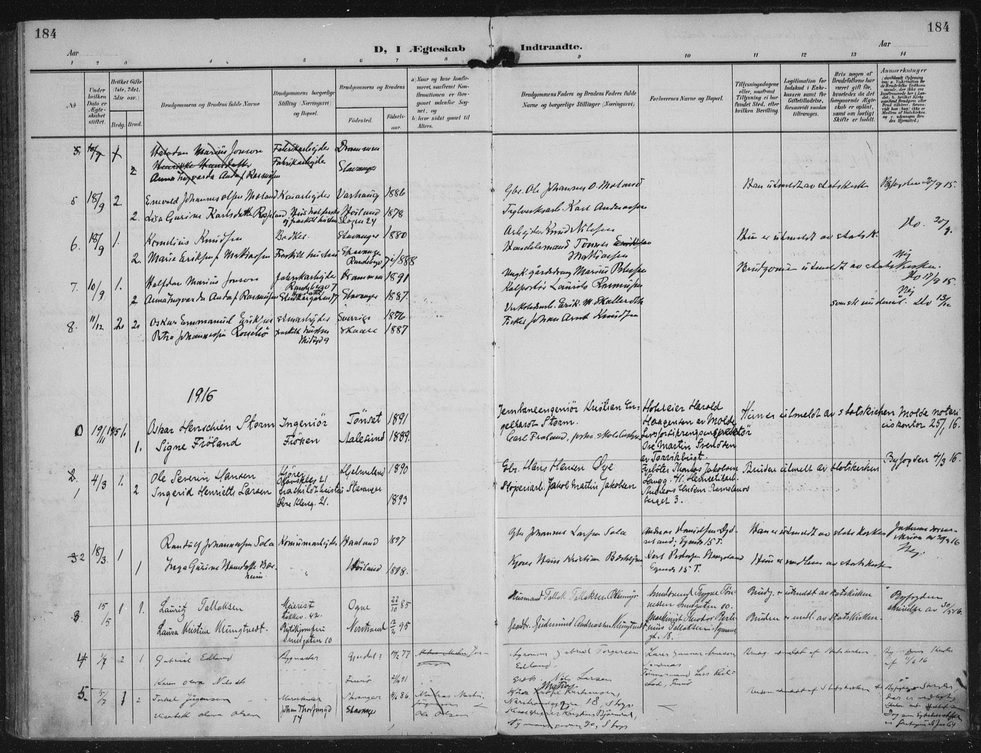 Domkirken sokneprestkontor, SAST/A-101812/002/A/L0016: Parish register (official) no. A 33, 1905-1922, p. 184