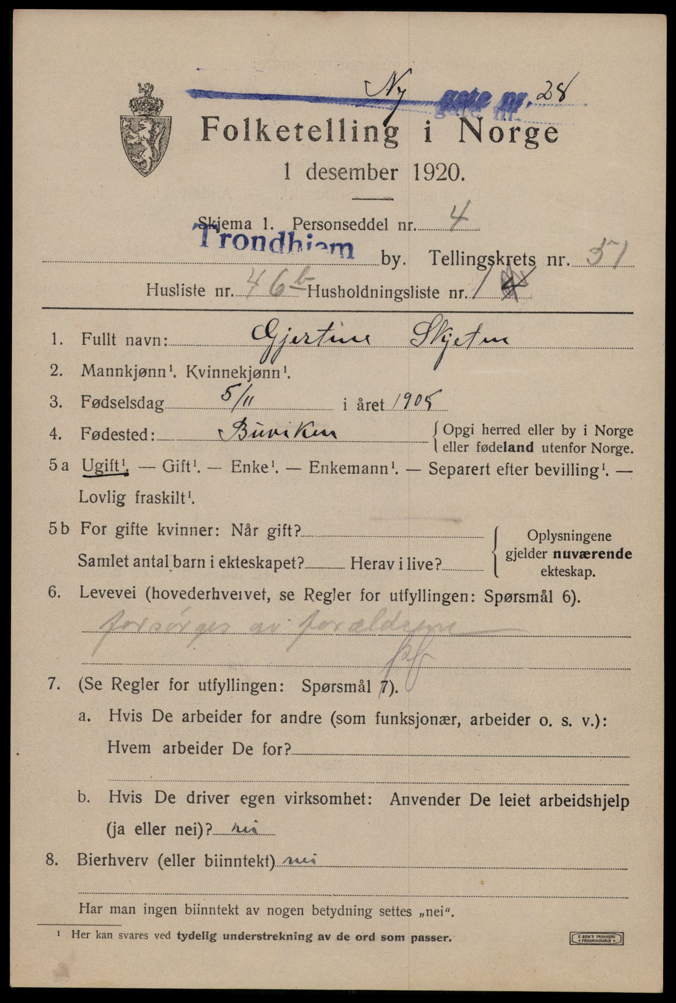 SAT, 1920 census for Trondheim, 1920, p. 103830