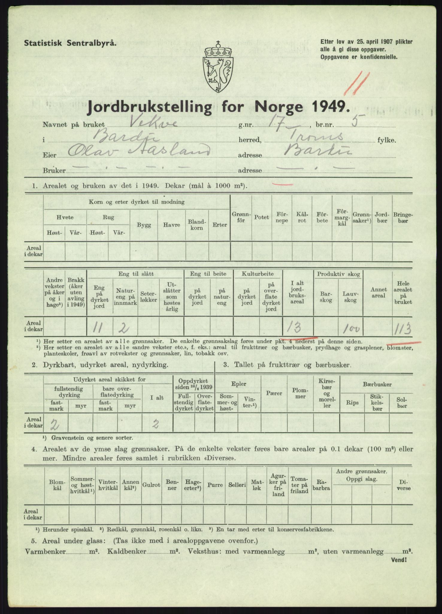 Statistisk sentralbyrå, Næringsøkonomiske emner, Jordbruk, skogbruk, jakt, fiske og fangst, AV/RA-S-2234/G/Gc/L0438: Troms: Salangen og Bardu, 1949, p. 1029