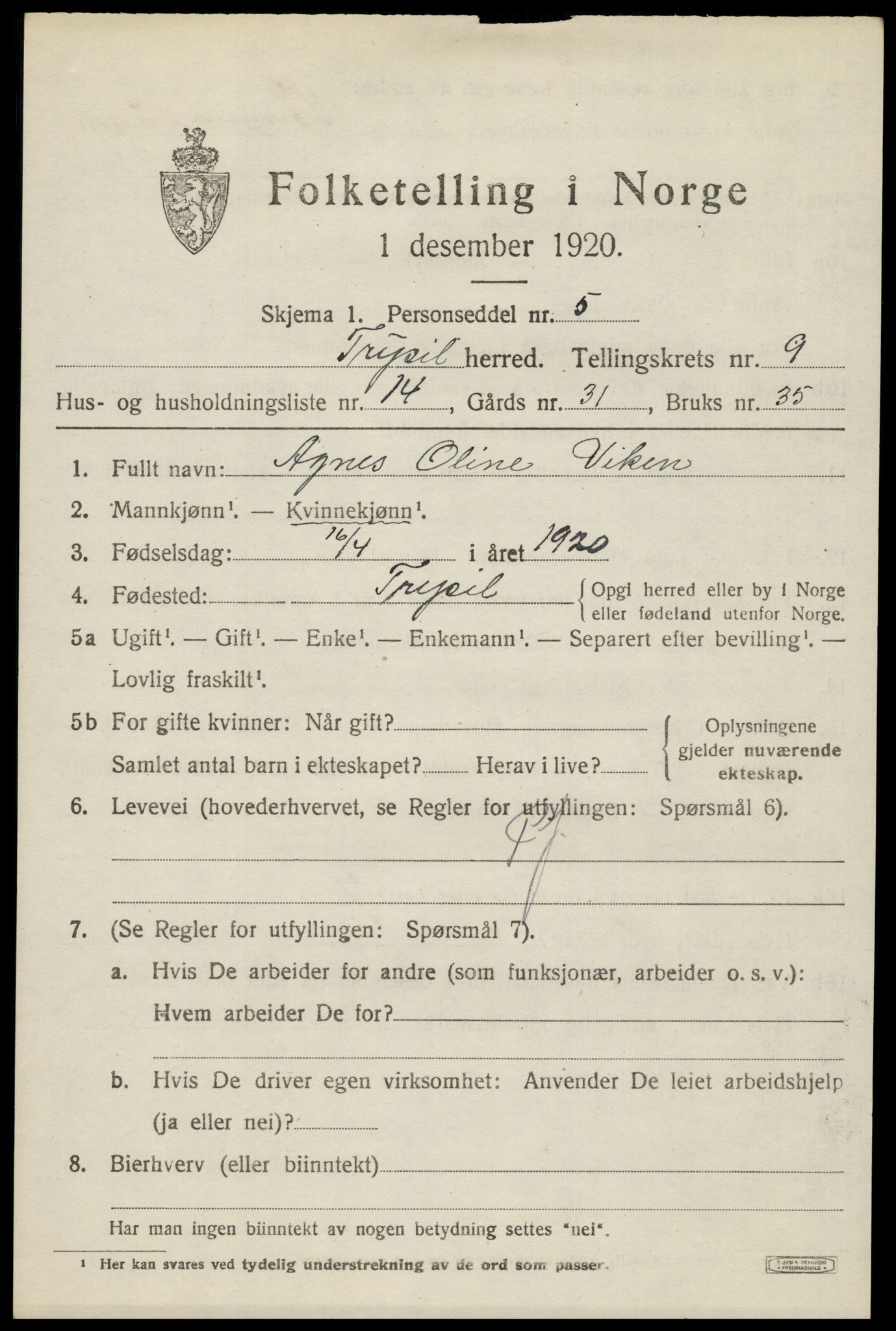 SAH, 1920 census for Trysil, 1920, p. 6697