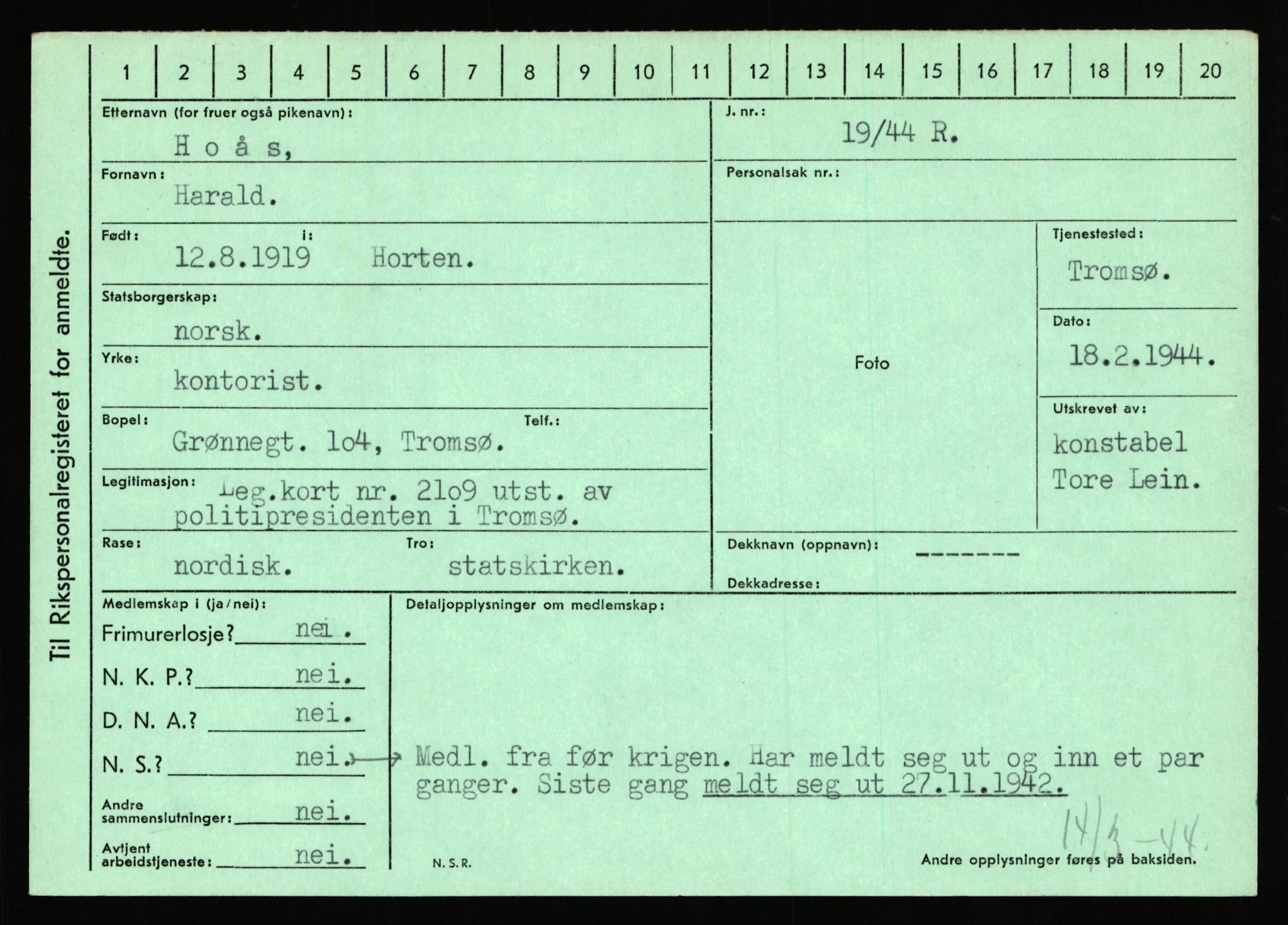 Statspolitiet - Hovedkontoret / Osloavdelingen, AV/RA-S-1329/C/Ca/L0006: Hanche - Hokstvedt, 1943-1945, p. 4499