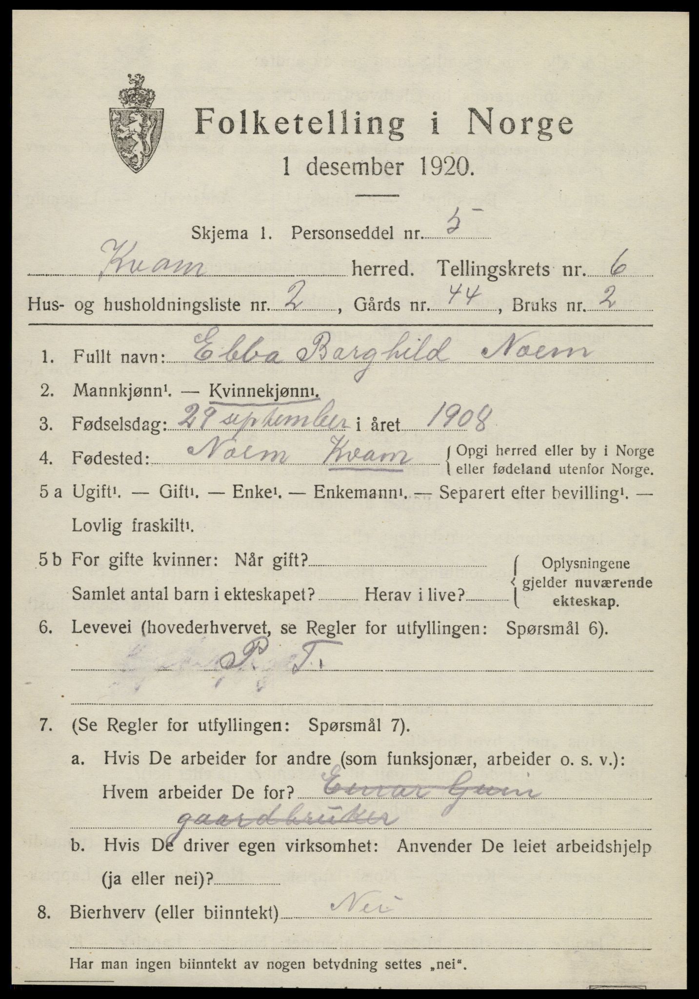 SAT, 1920 census for Kvam, 1920, p. 1605