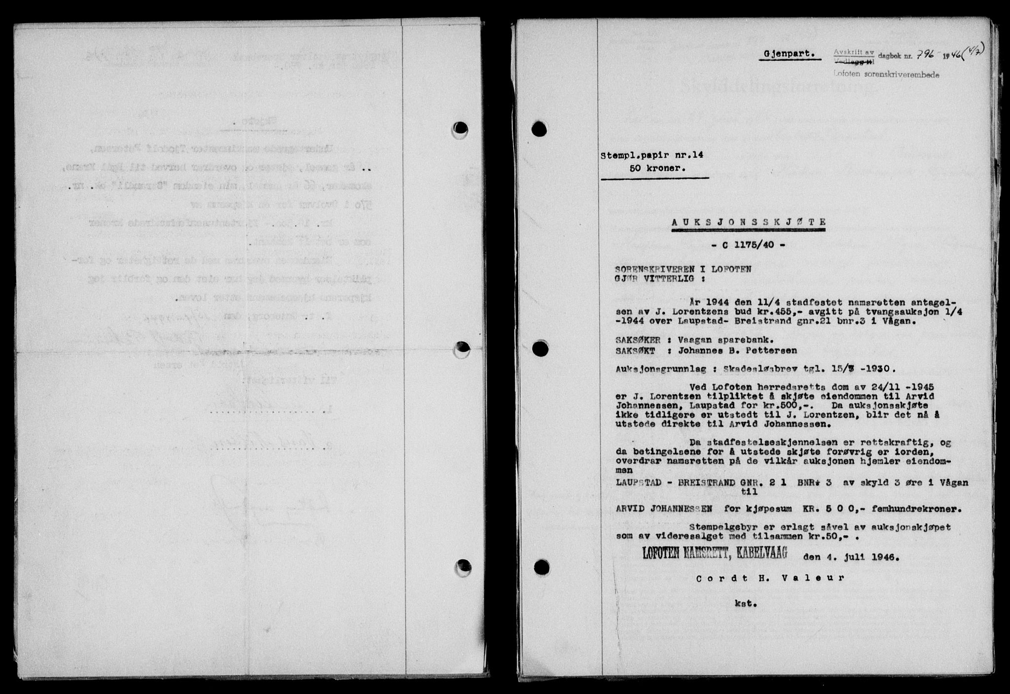 Lofoten sorenskriveri, SAT/A-0017/1/2/2C/L0014a: Mortgage book no. 14a, 1946-1946, Diary no: : 796/1946